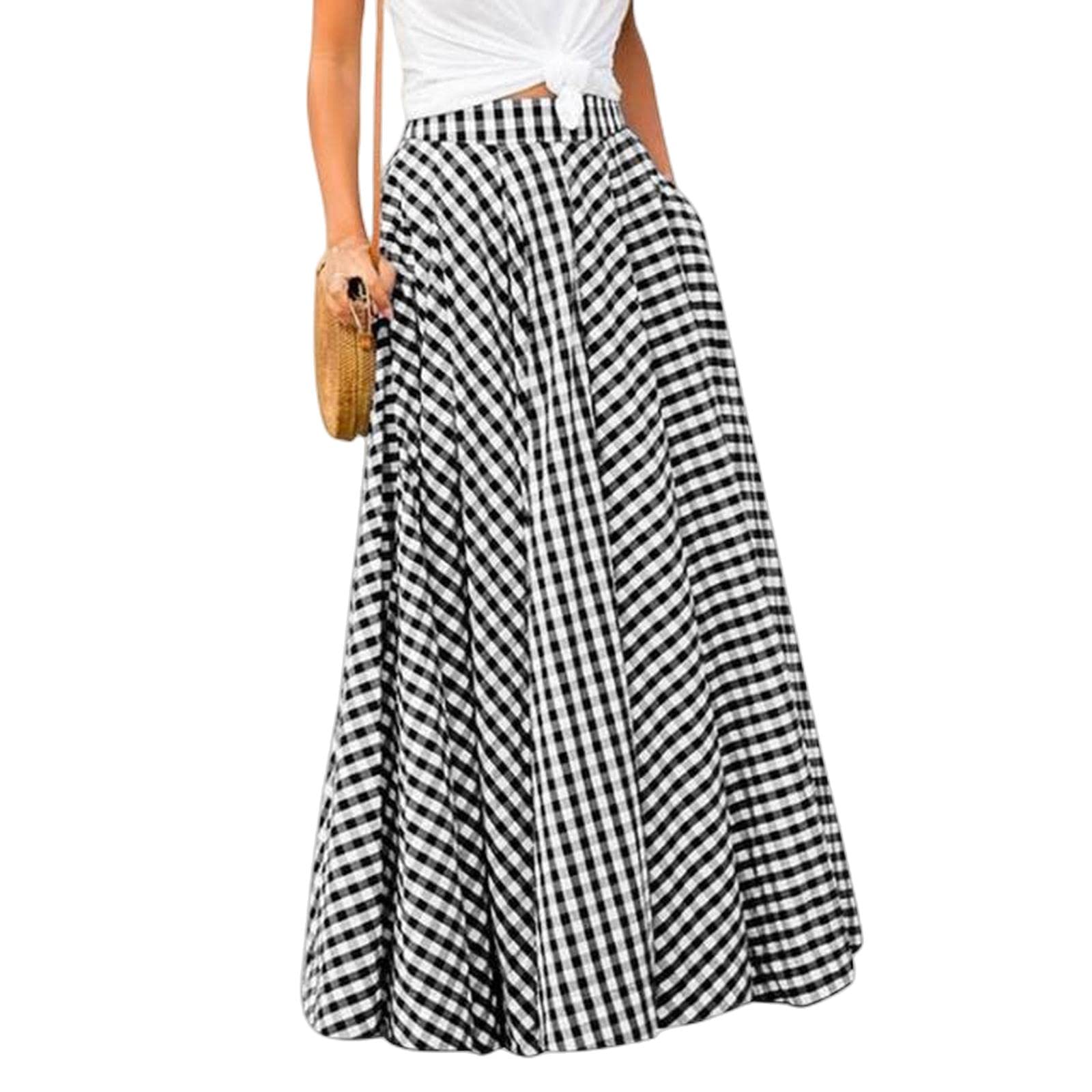Falda larga a cuadros para mujer, falda larga de cintura alta, vestido largo, casual, elástico, falda acampanada para mujer, Negro, XXXXL