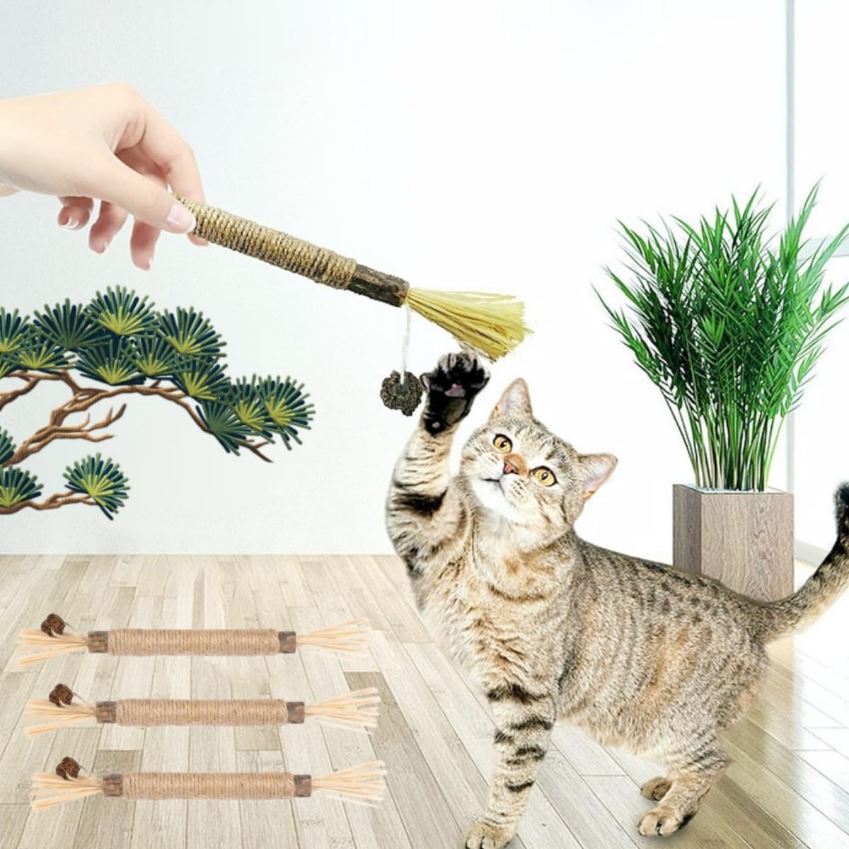 Juguetes para Masticar para Gatos,6 Piezas Palitos Masticables Naturales,para Limpieza Dental e Higiene Bucal,Juguetes Interactivos para Gatitos y Gatos Adultos
