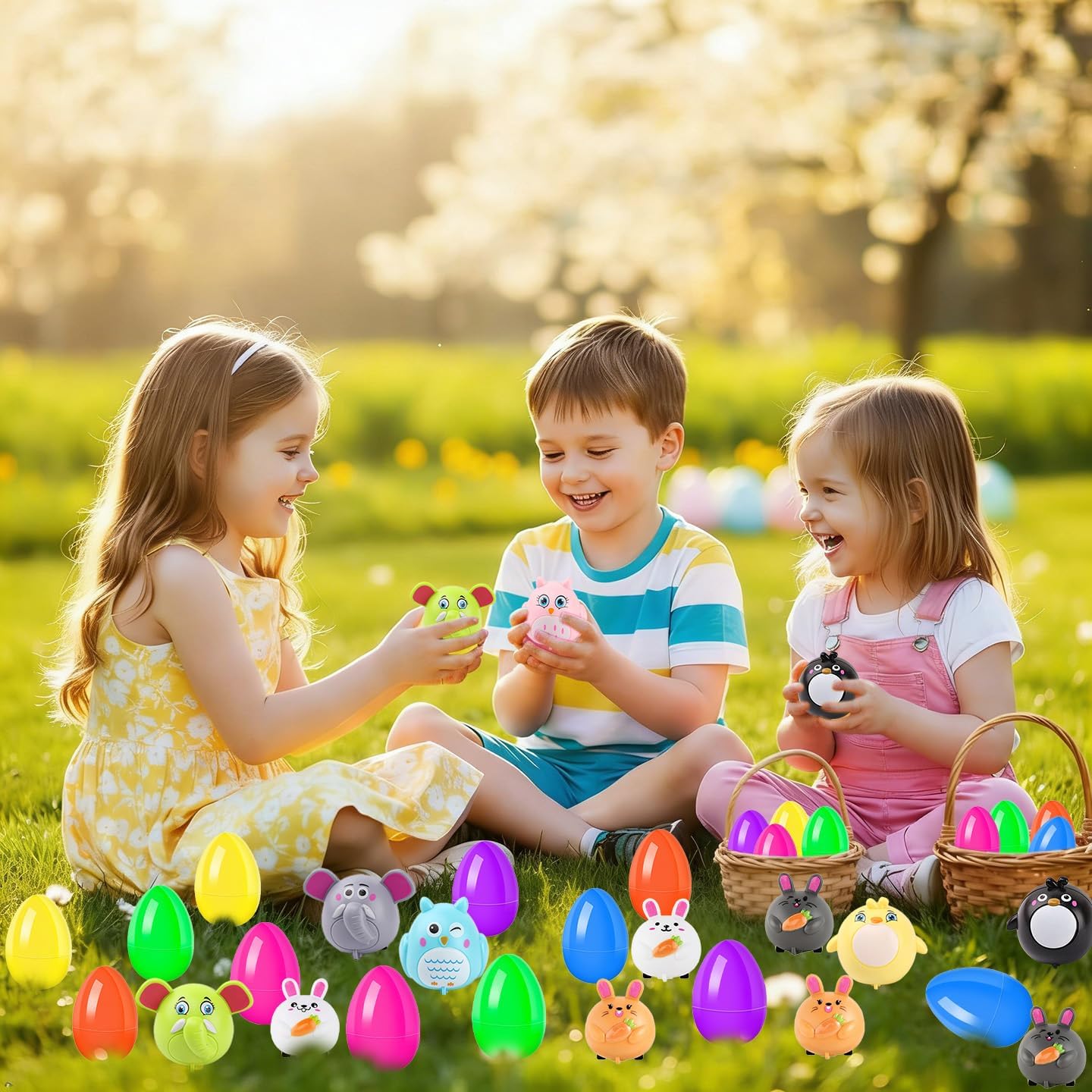 12 Pack Prefilled Easter Eggs With Toys Animals Pull Back Cars, Easter Basket Stuffers for Boys Girls, Non Candy Easter Gifts for Kids Egg Hunt Supplies Party Favors