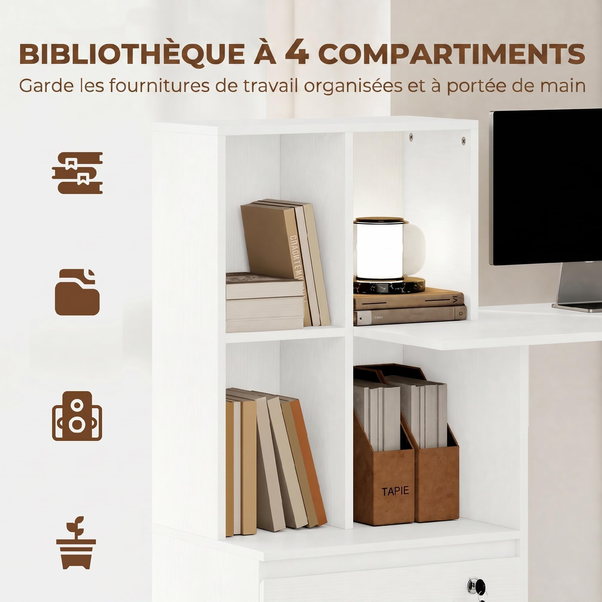 HOMCOM Scrivania 126 cm con cassetti bloccabili, grana del legno bianca | Scrivania per home office, libreria, scrivania, per camera da letto, studio
