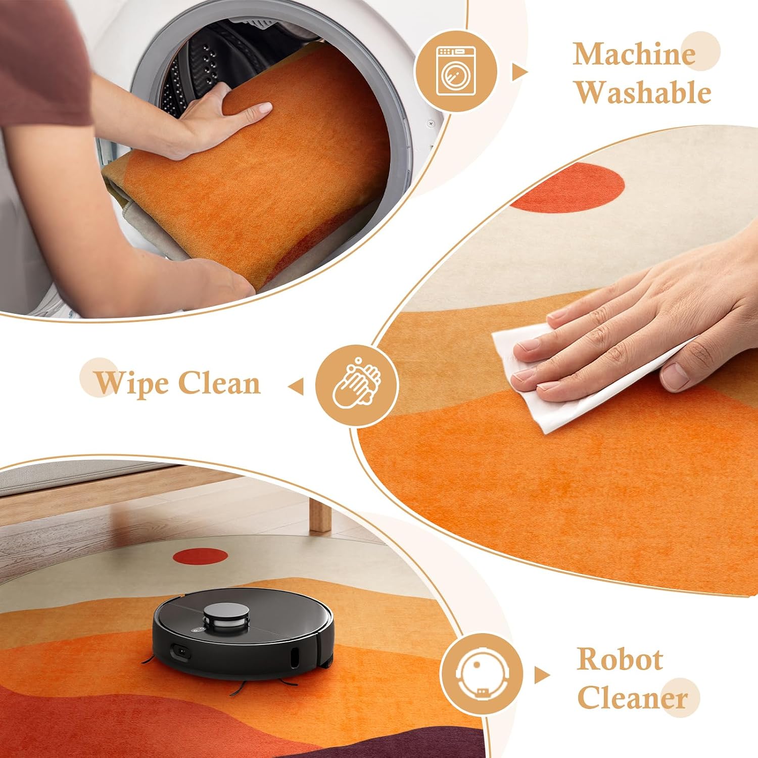 Round Rugs for Living Room, 6ft Circle Rug for Bedroom Non Slip Washable Dining Room Rug, Stain Resistant Nursery Rug Soft Circular Carpet for Dorm Playroom(Orange)