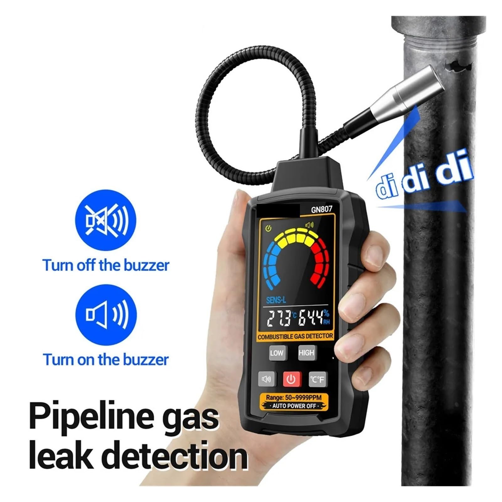Rilevatore di gas combustibile GN807 rilevamento vari infiammabili, allarme acustico e luminoso, metano 50~10.000 PPM