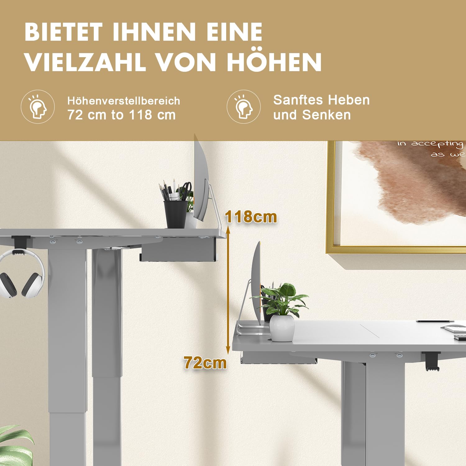TRIUMPHKEY Höhenverstellbarer Schreibtisch 160x80cm mit Typ-C Ladeanschluss, Schreibtisch Höhenverstellbarer mit Kabel Management Tray, Standing Desk mit 3 Memory Funktion, Grau