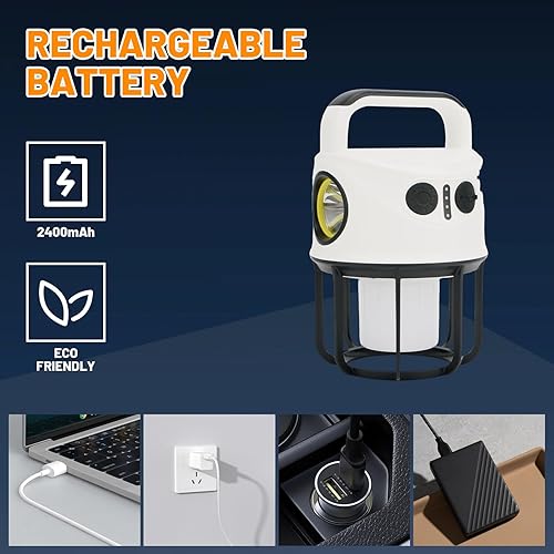 Miniatura 6 de Linterna de camping con linterna recargable, banco de energía, IPX4 impermeable, cable USB-C, luz LED de tienda de campaña para foco, camping,