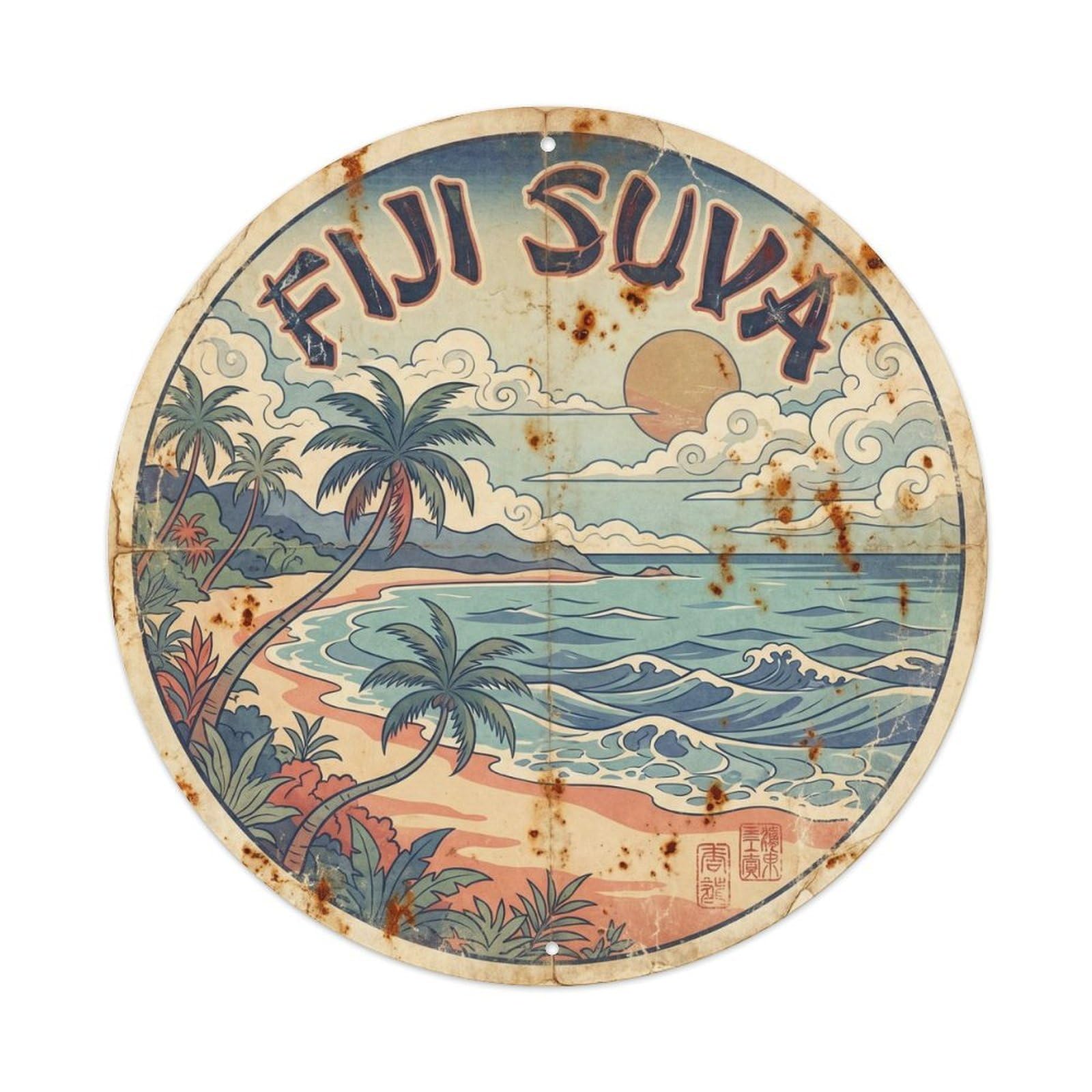 Fiji Suva Ocean Coast Ink Illustration Travel Metal Tin Sign