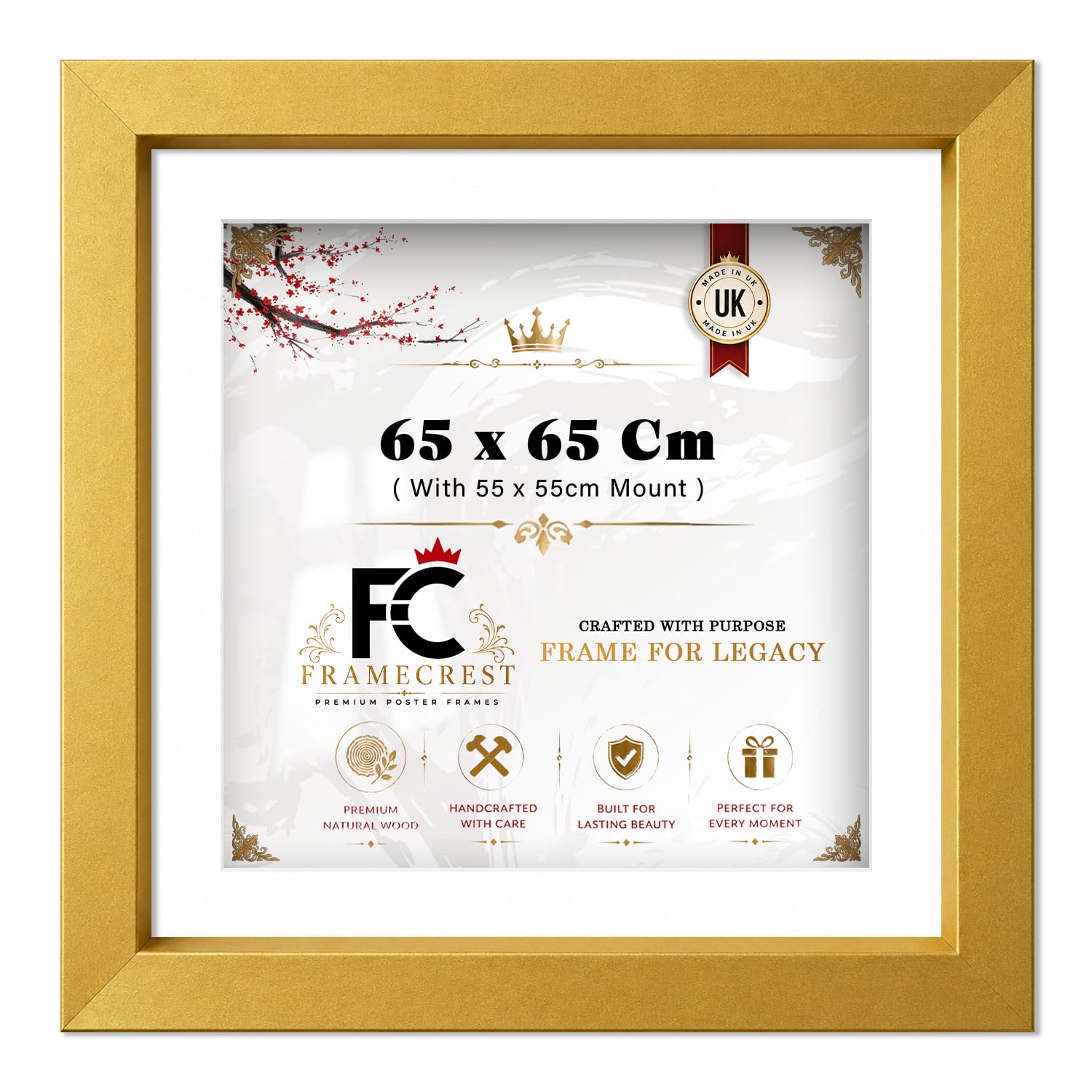 FRAMECREST LTD Elegant Square 65 X 65 CM Picture Frame With 55 X 55 CM White Mount, MDF Wood Square Photo Frame For Modern Office Wall Decor — Print Display For Home Or Studio - [Gold]
