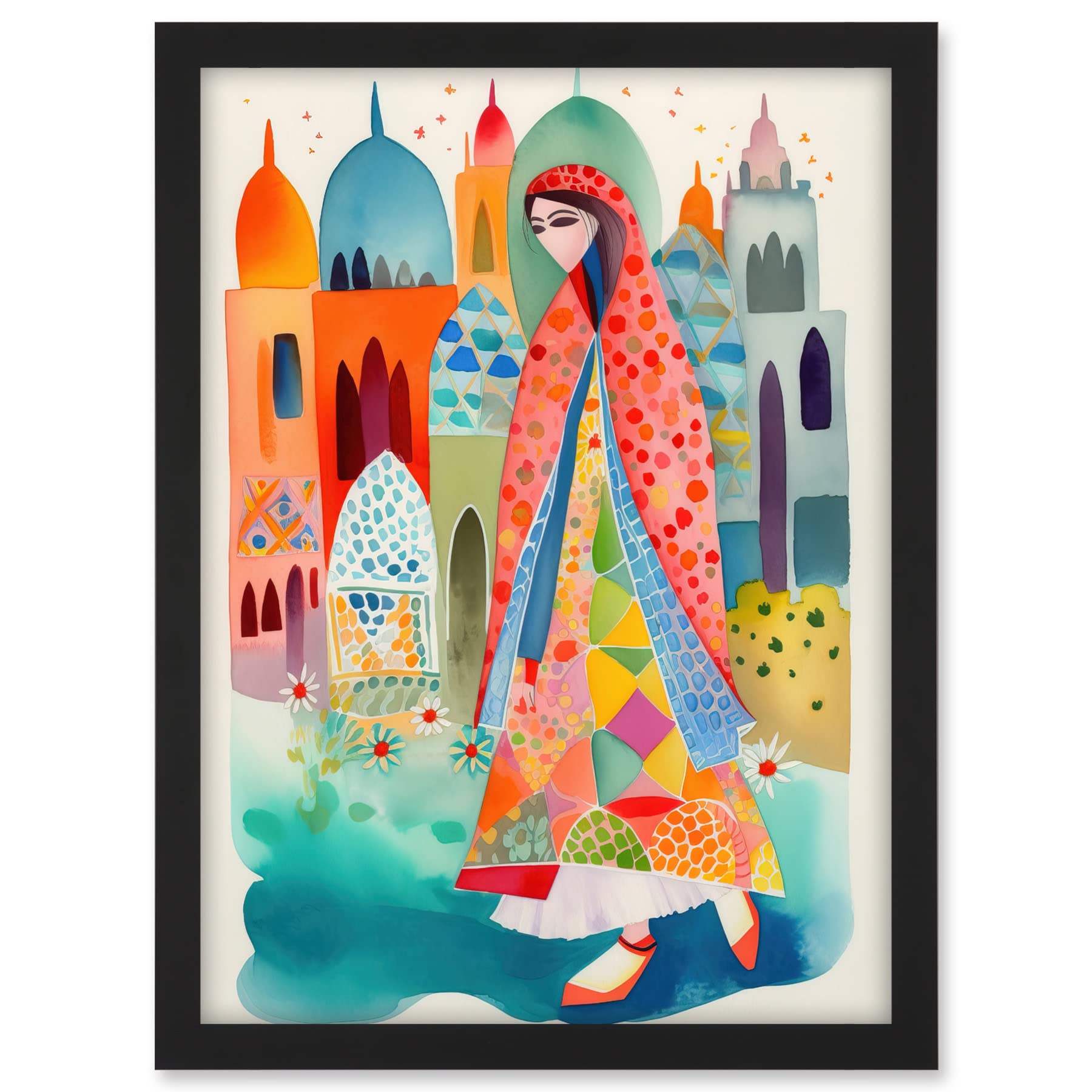 Artery8 Hijab Muslim Woman with Buildings Folk Art Artwork Framed A3 Wall Art Print
