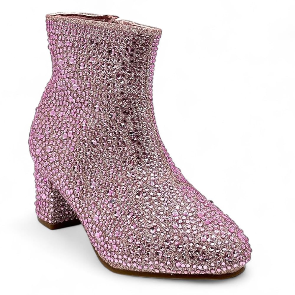 Forever Girls Rhinestone Boots Kids Low Heel Dress Booties Iceberg-12K Shoes Pink Rhinestone 9