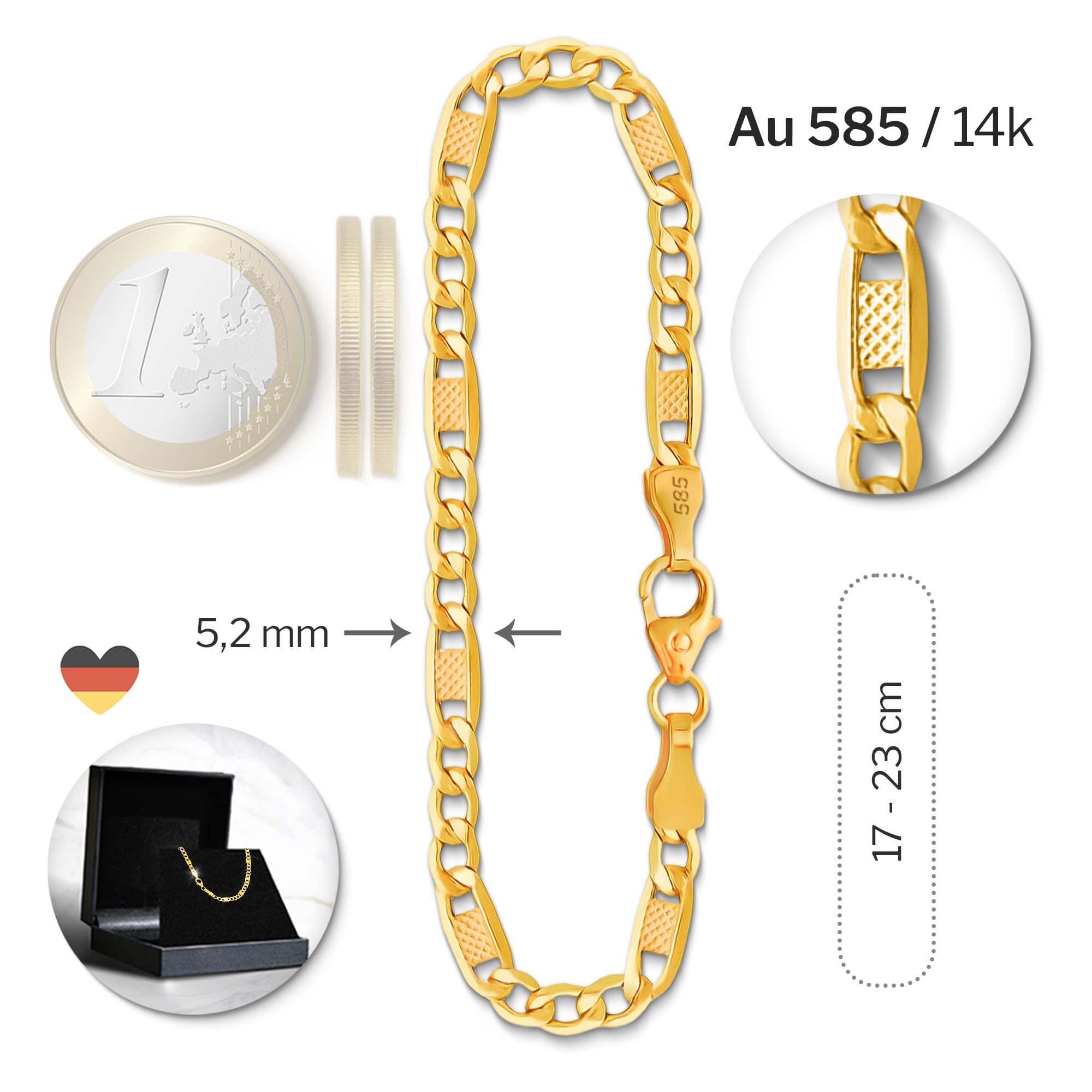 Goldarmband Herren 333 585 Echtgold 5.2mm - Fantasiekette Gelbgold Bicolor