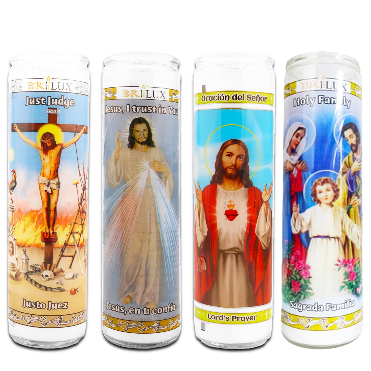 4 Pack Jesus 8 Inch White Religious Glass Candles - Set of 4 White Jesus Candles for Vigils, Prayers, Blessing Ceremonies, and More | Jesus Devotional Candles