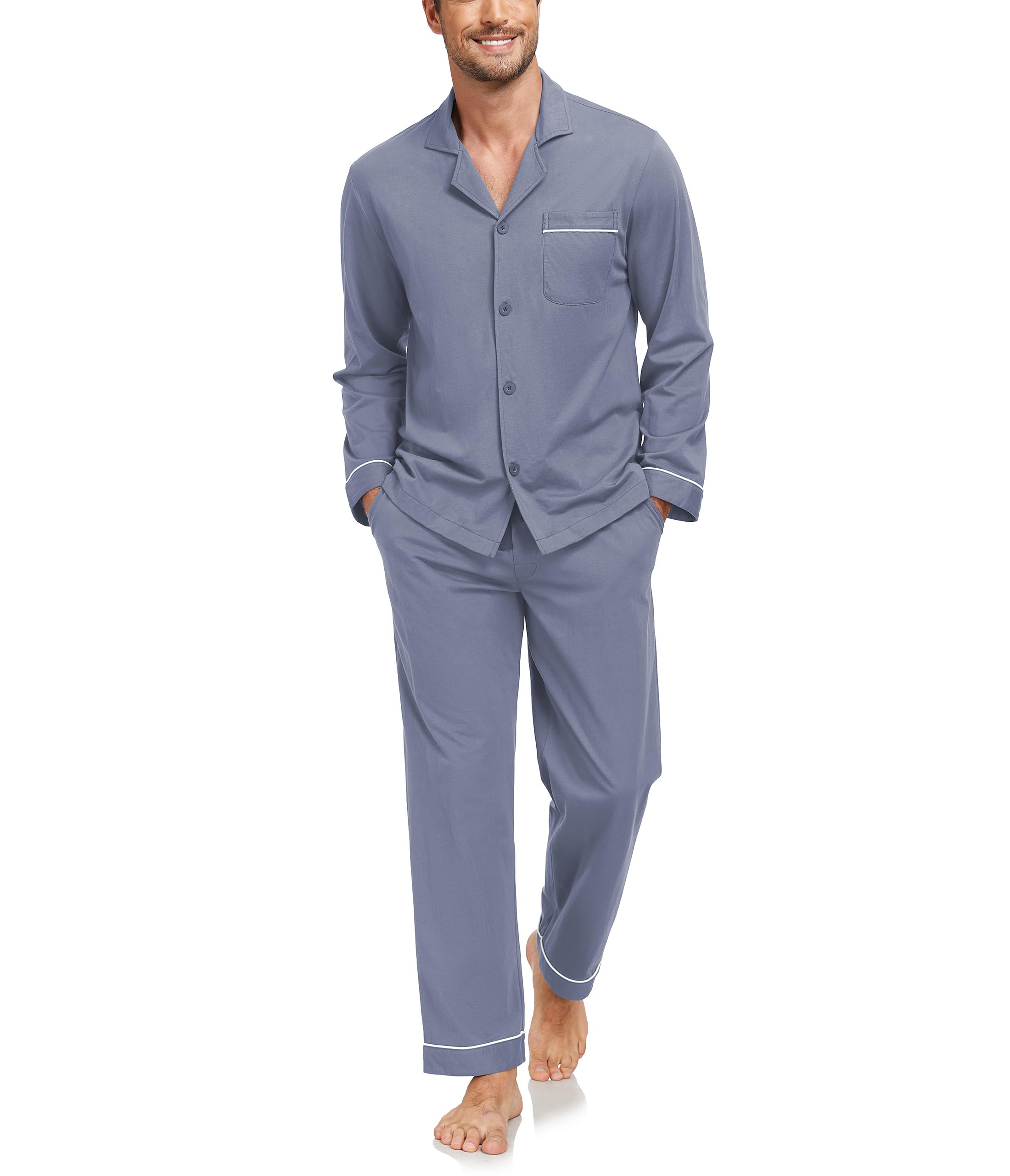 COLORFULLEAF Schlafanzug Herren Lang 100% Baumwolle Pyjama Set mit Knopfleiste Zweiteiliger Nachtwäsche Langarm Loungewear