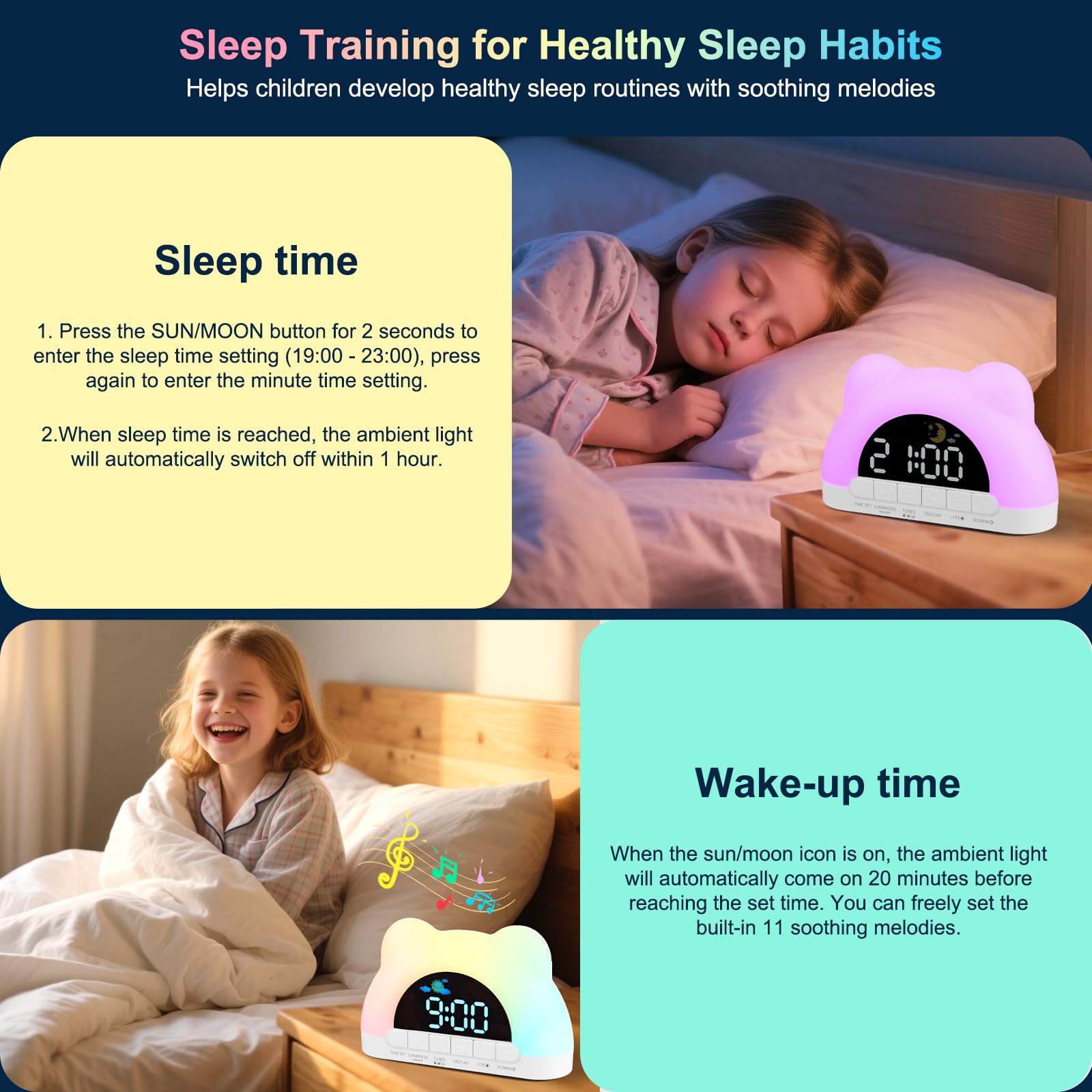 PENYUY Sunrise Alarm Clock, Kids Alarm Clock for Sleep Training with 11 RGB Color Lights & 3 Levels of Brightness Adjustable - Image 4