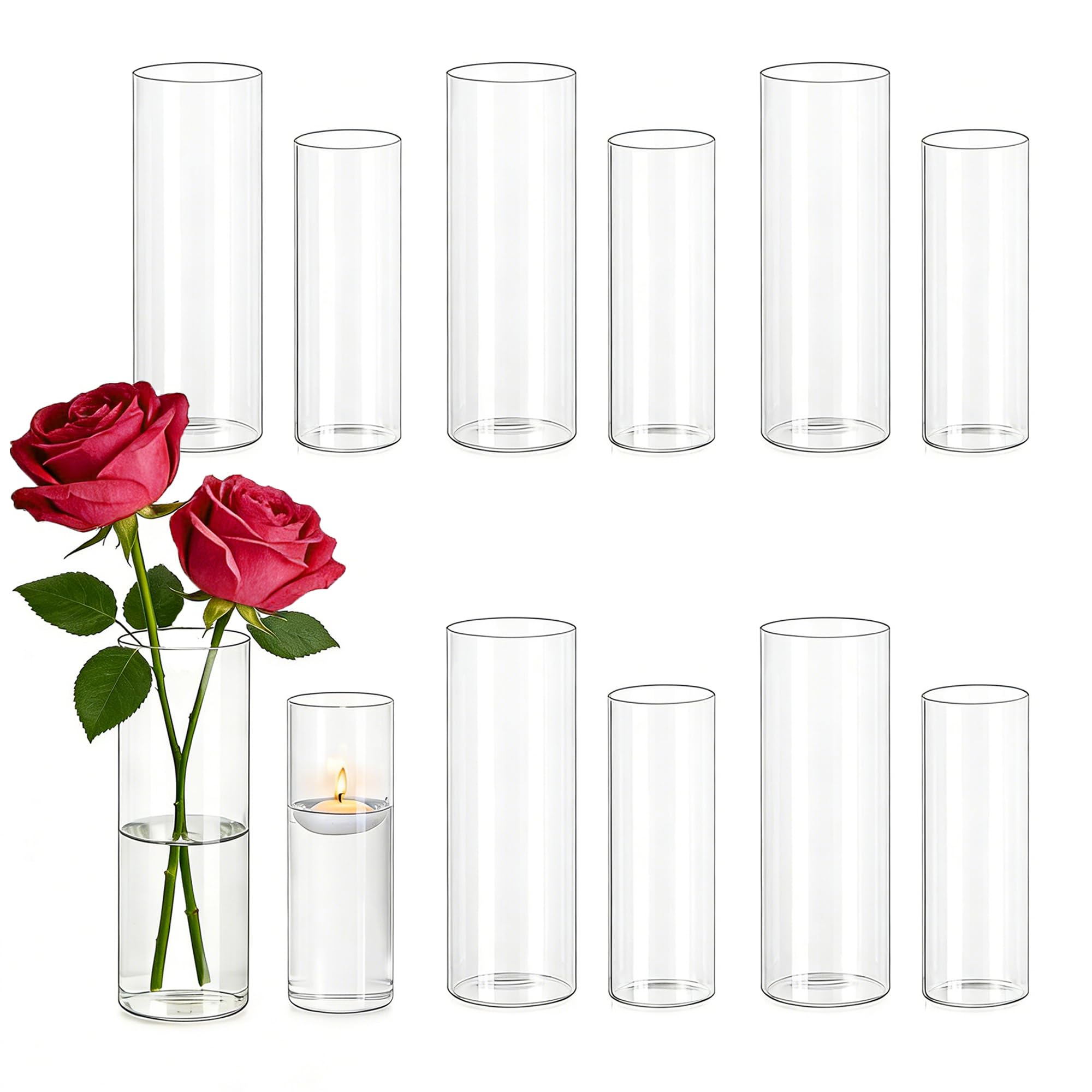 Photo 1 of Hewory Glass Cylinder Vases for Centerpieces: 7“+6" Tall 12Pcs Clear Small Bud Vases for Flowers Wedding Party Table Decoration - Skinny Hurricane Candle Holders for Floating Candles