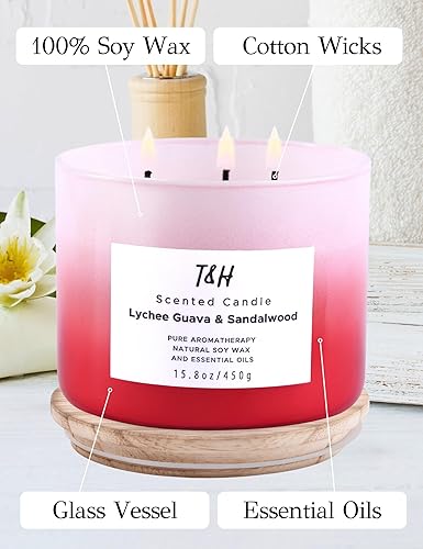 Miniatura 5 de Vela de lichi de guayaba y sándalo para el hogar  Vela de soja natural de 3 mechas  Vela de aromaterapia calmante para mujeres y hombres  Vela