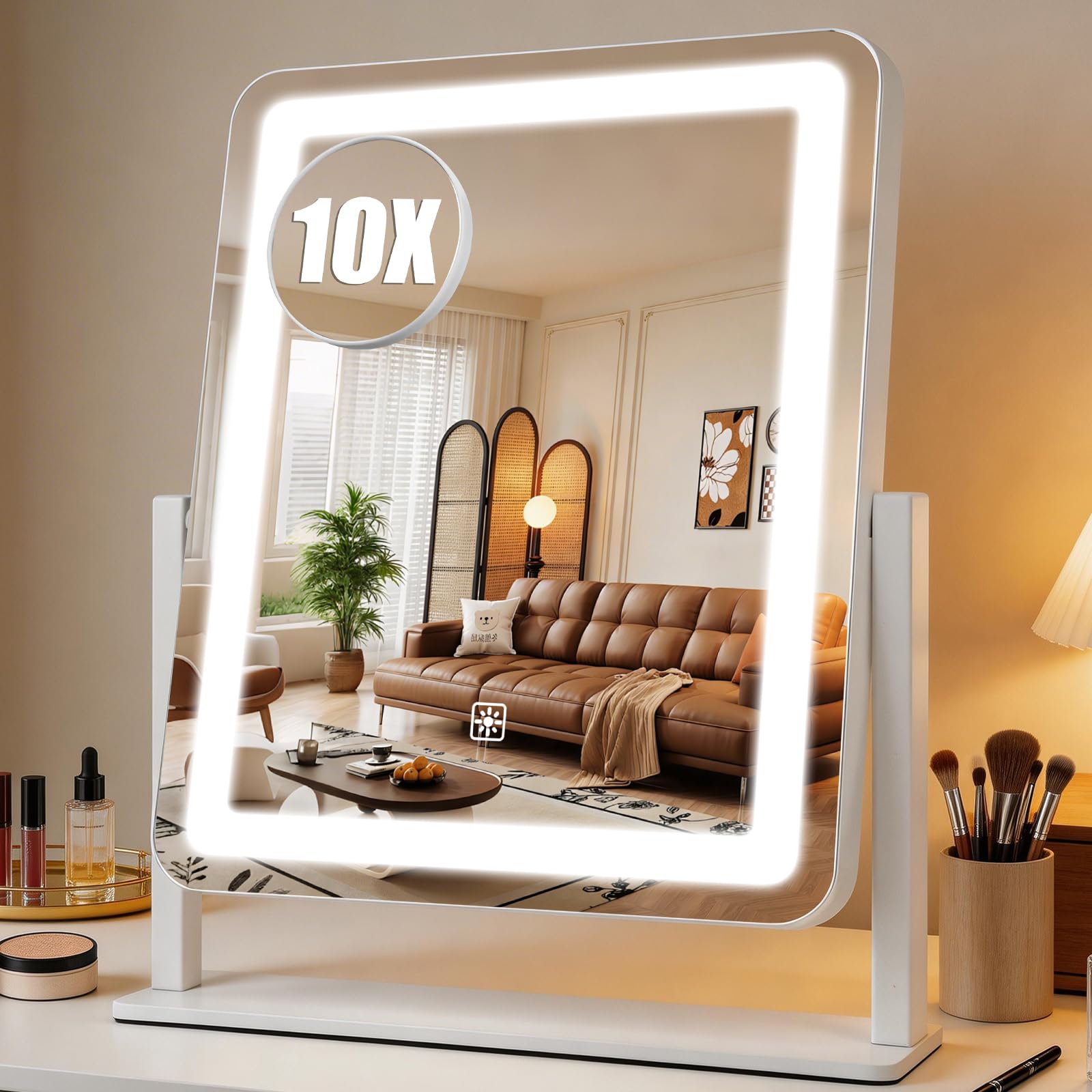 Lustro kosmetyczne ze światłami, duże lusterko do makijażu LED z oświetleniem HD, Smart Touch z 3-kolorowym oświetleniem, możliwość ściemniania, obrót o 360°, podświetlane na toaletkę, do sypialni