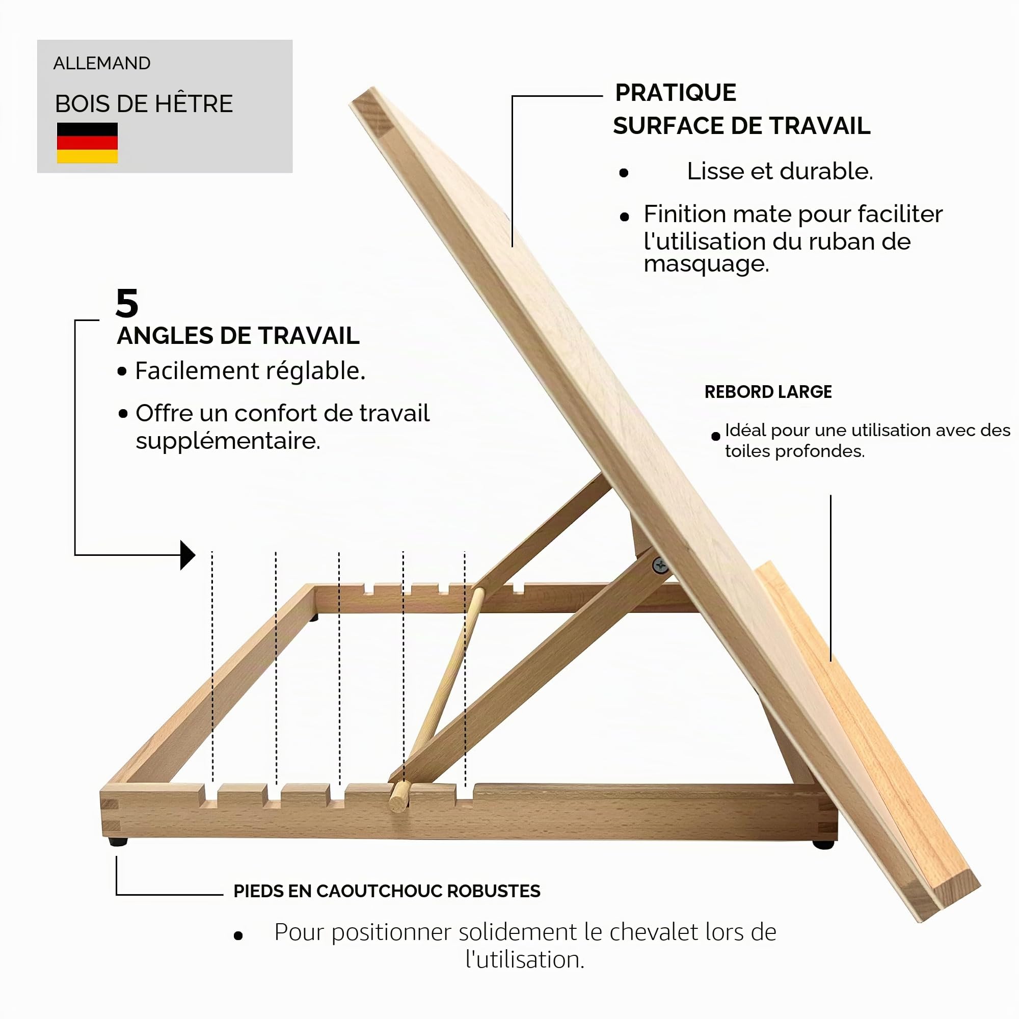 Chevalet/plateau de bureau ajustable de qualité supérieure pour tableaux - de Zieler®. Pour présentation, peinture, artisanat, calligraphie, croquis, dessin et planification - 5 angles différents A2
