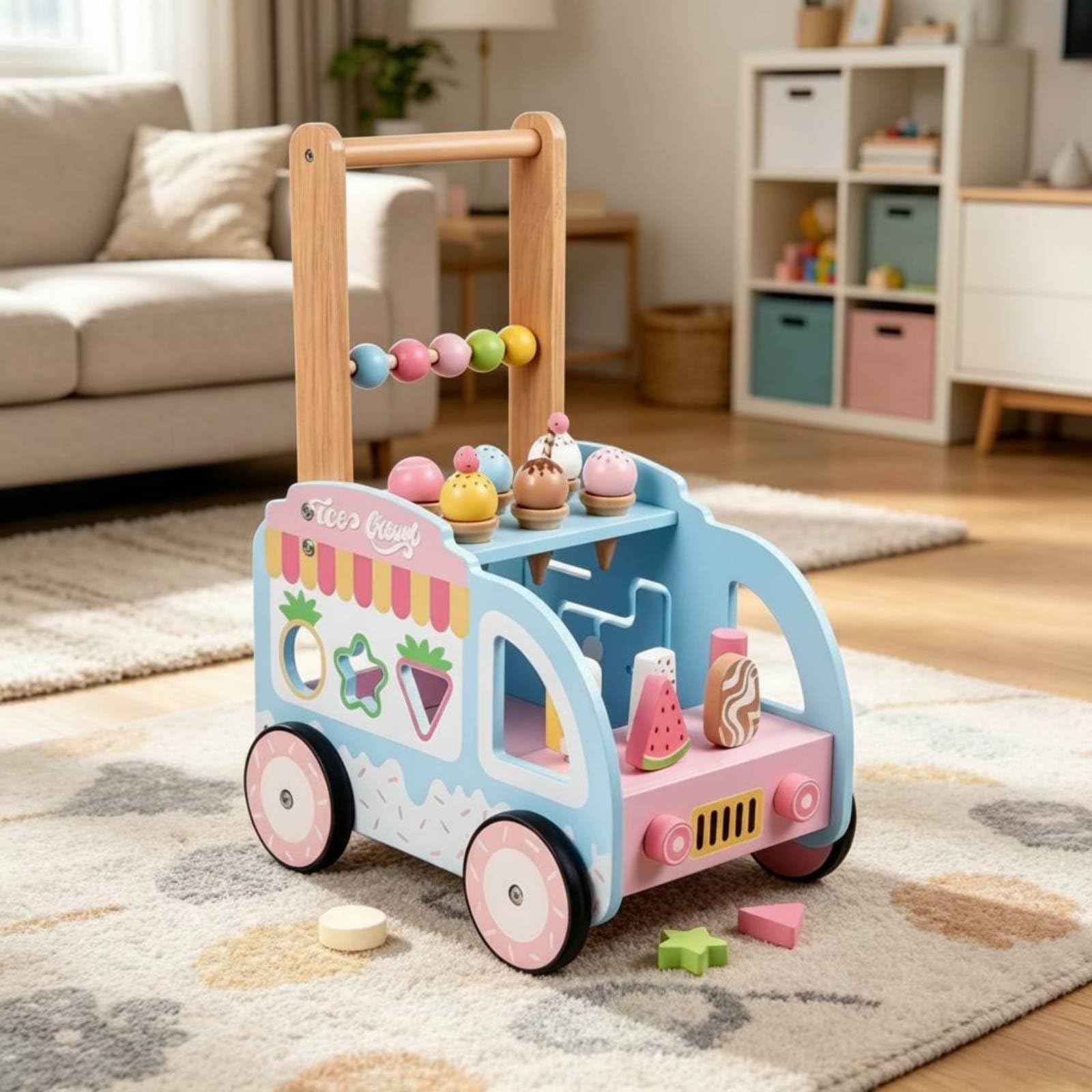 Carrello Gelato in Legno Multifunzione Carrello Primi Spostamenti in Legno Sicuro Giocattolo Educativo per Neonati, Asilo