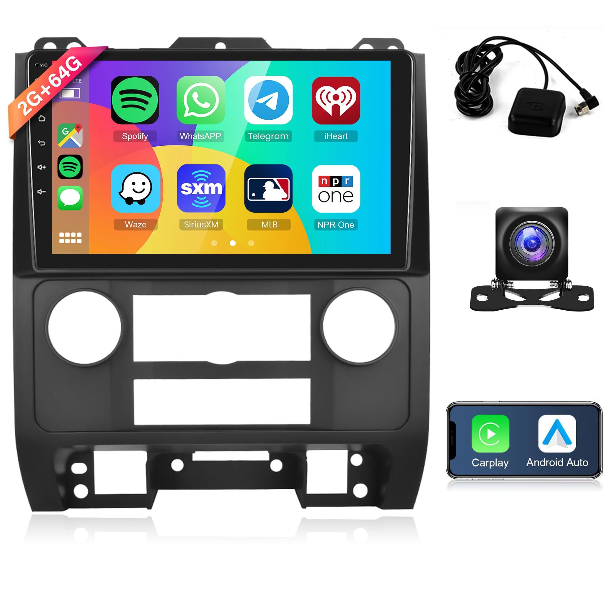 Rimoody4Core 2G+64G Android 13 Car Radio Wireless Carplay for Ford Escape 2007-2012/Mazda Tribute 2007-2012, Car Stereo Android auto 9 Inch Touch Screen GPS Navigation WiFi EQ Bluetooth Backup Camera