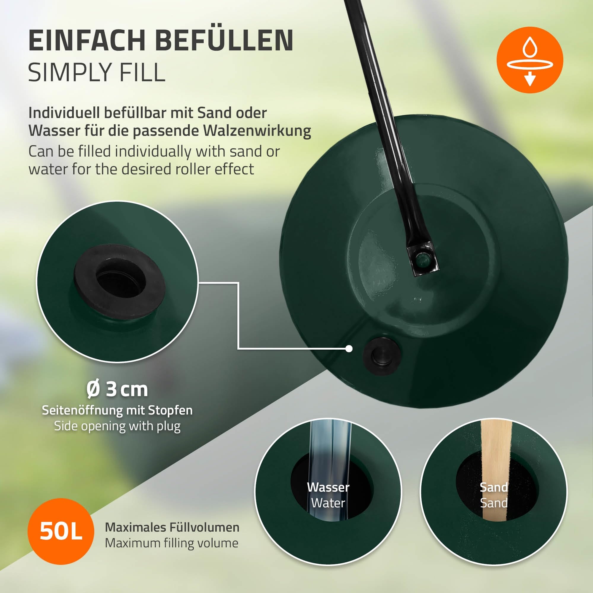 ECD Germany Walec do trawnika napelniany woda lub piaskiem 50 l stalowy reczny do zageszczania podloza i gleby szerokosc 59,5 cm srednica Ø31,5 cm zielony walec ogrodowy z oslona przeciwblotna