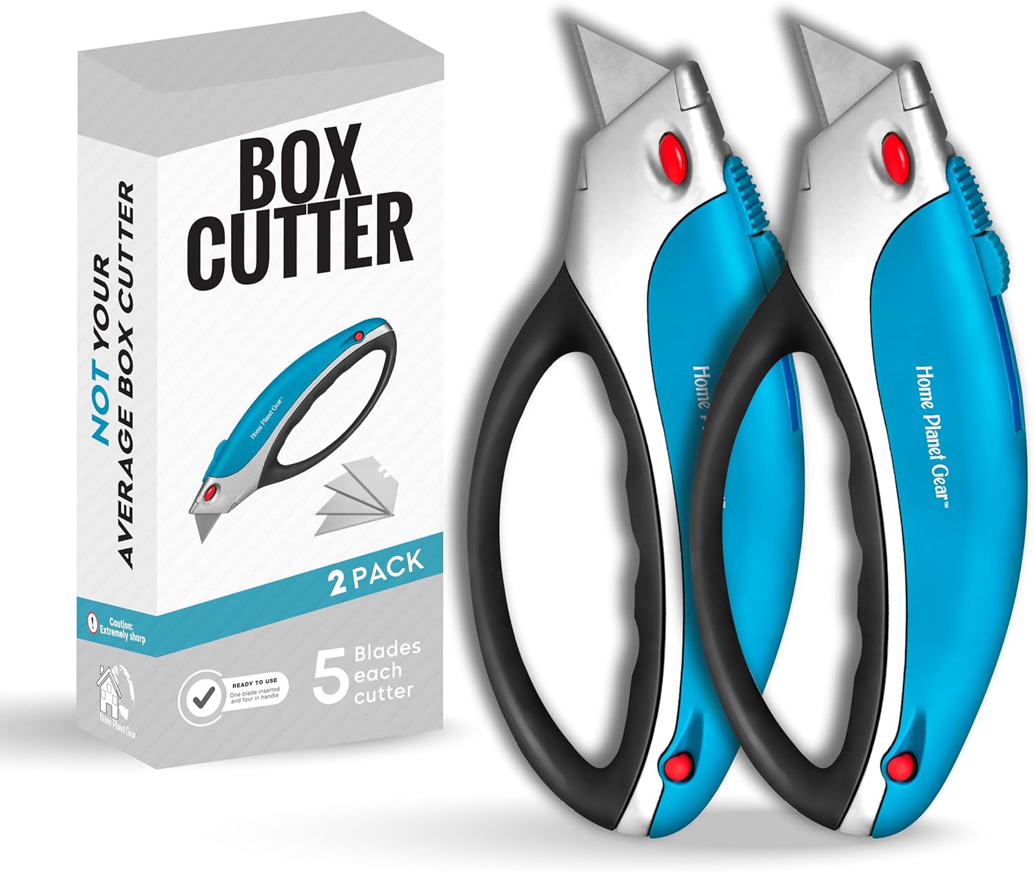 Box Cutter Retractable Utility Knife - Two Pack Heavy Duty Box Cutter Knife Cardboard Cutter - Box Opener Razor Knife - Box Knife Carpet Cutter with 5 Sharp Utility Blades (Blue 2 Pack)