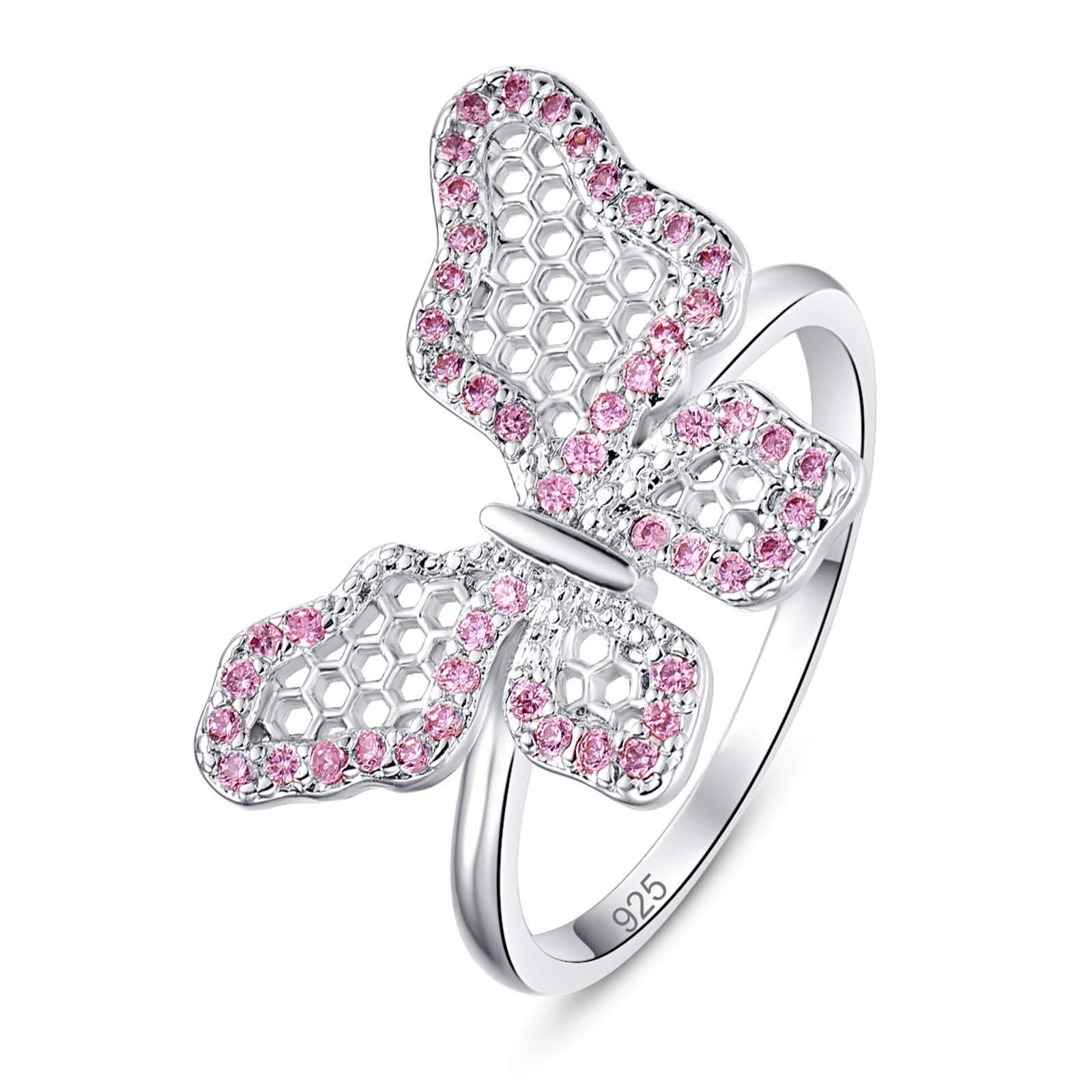 Emsione 925 Sterling Silver Plated Created Pink Topaz CZ Pave Butterfly Lattice Cocktail Party Rings Eternity Bands for Women Size 9