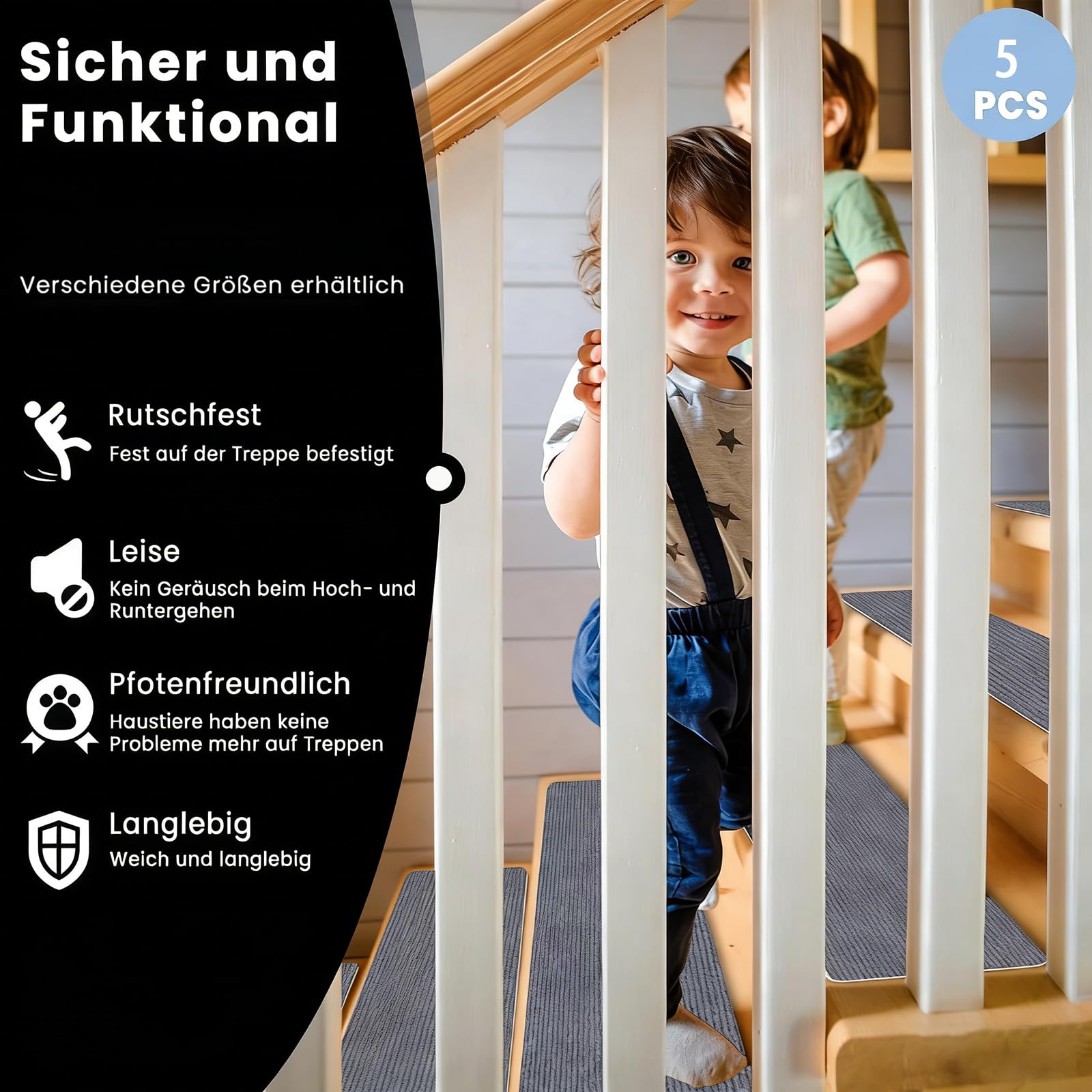 Juego de 5 alfombrillas antideslizantes para escaleras, 34 x 48 cm, TPE, reutilizables y cortables, aptas para niños, para escalones seguros, ideal para el hogar y los niños.