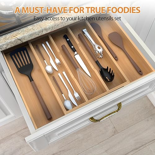 Miniatura 4 de Organizador de cajones de cocina expandible de bambú, 13 a 23 pulgadas, bandeja ajustable para utensilios y cubiertos, organizador de cajones de