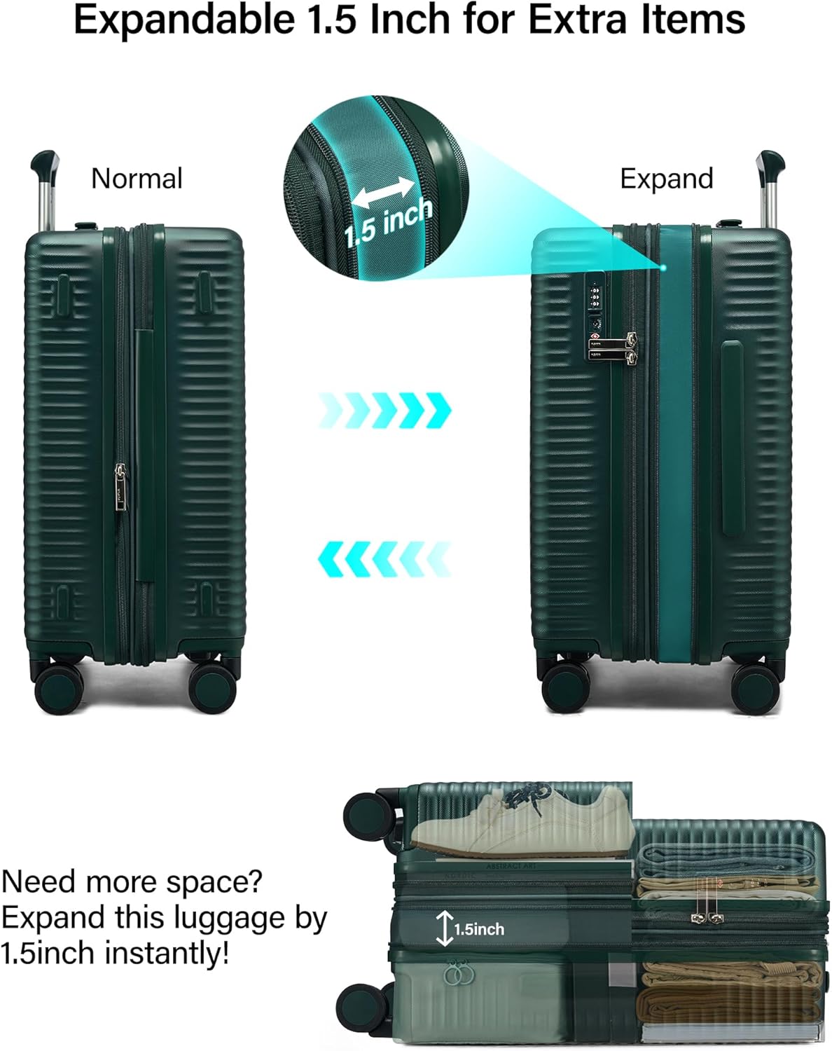 MILADA 24 Inch Expandable Checked Luggage - Hardshell Suitcase with Wheels, TSA Lock, Durable PC Shell, Checked Baggage, Lightweight & Scratch-Resistant, Blackish Green