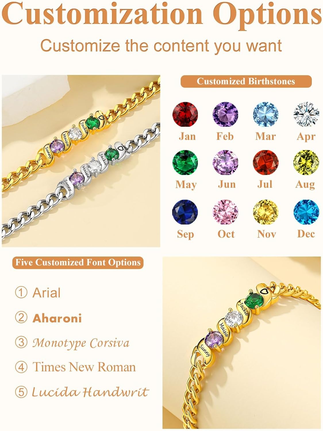 Custom4U Personalized Birthstone Bracelets for Women Silver/Gold Custom Cuban Link Chain Name Bracelet with 1-5 Birthstones Birthday Mother's Day Christmas Jewelry Gifts for Her Mom Wife Grandma - Image 5
