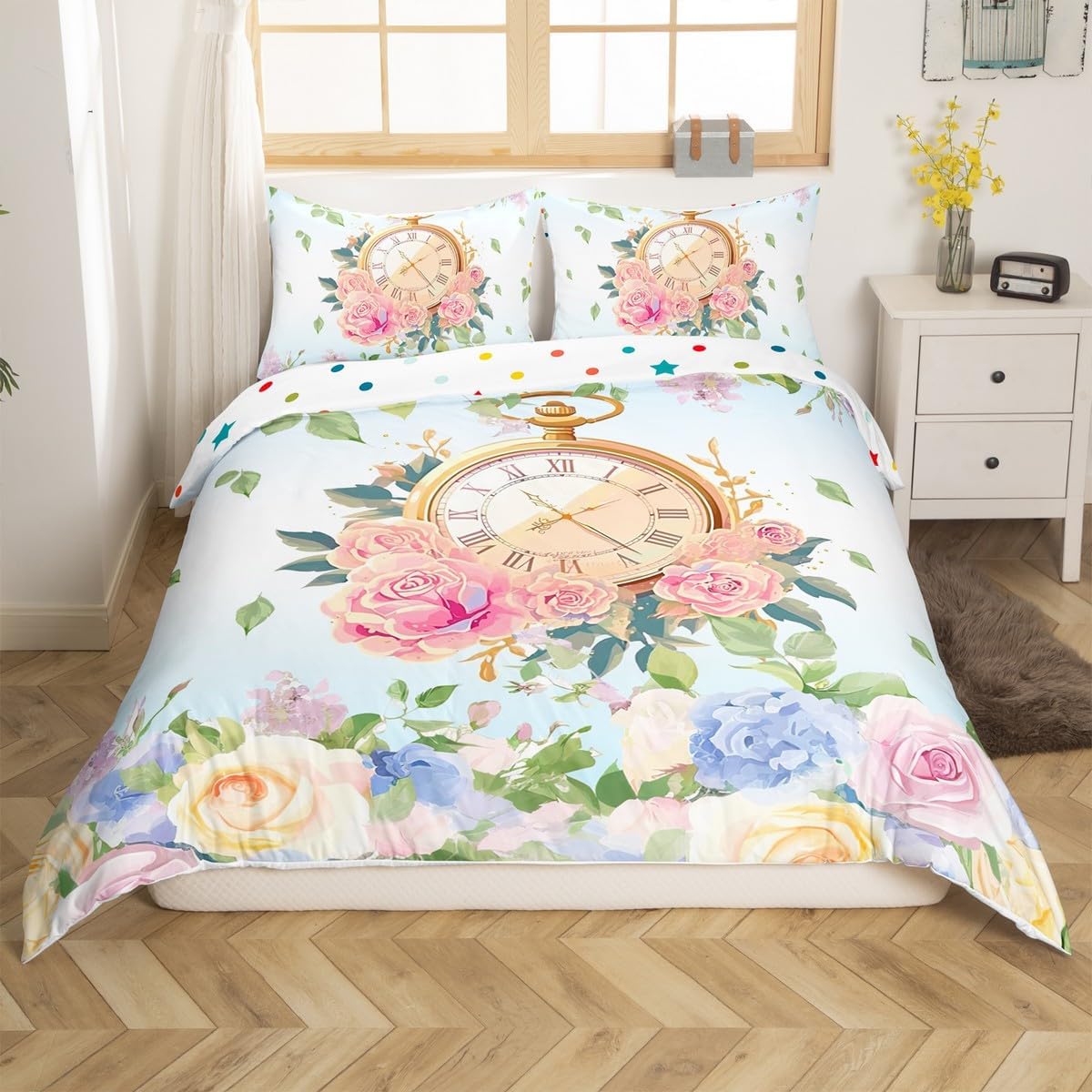 Castle Fairy Dreamy Floral Duvet Cover Set Twin Size,Rustic Watch Print Watercolor Reversible Bedding Set Soft Bedroom Decor,Romantic Flowers Leaves Plant Polyester Quilt Cover (No Comforter), 2 Pcs