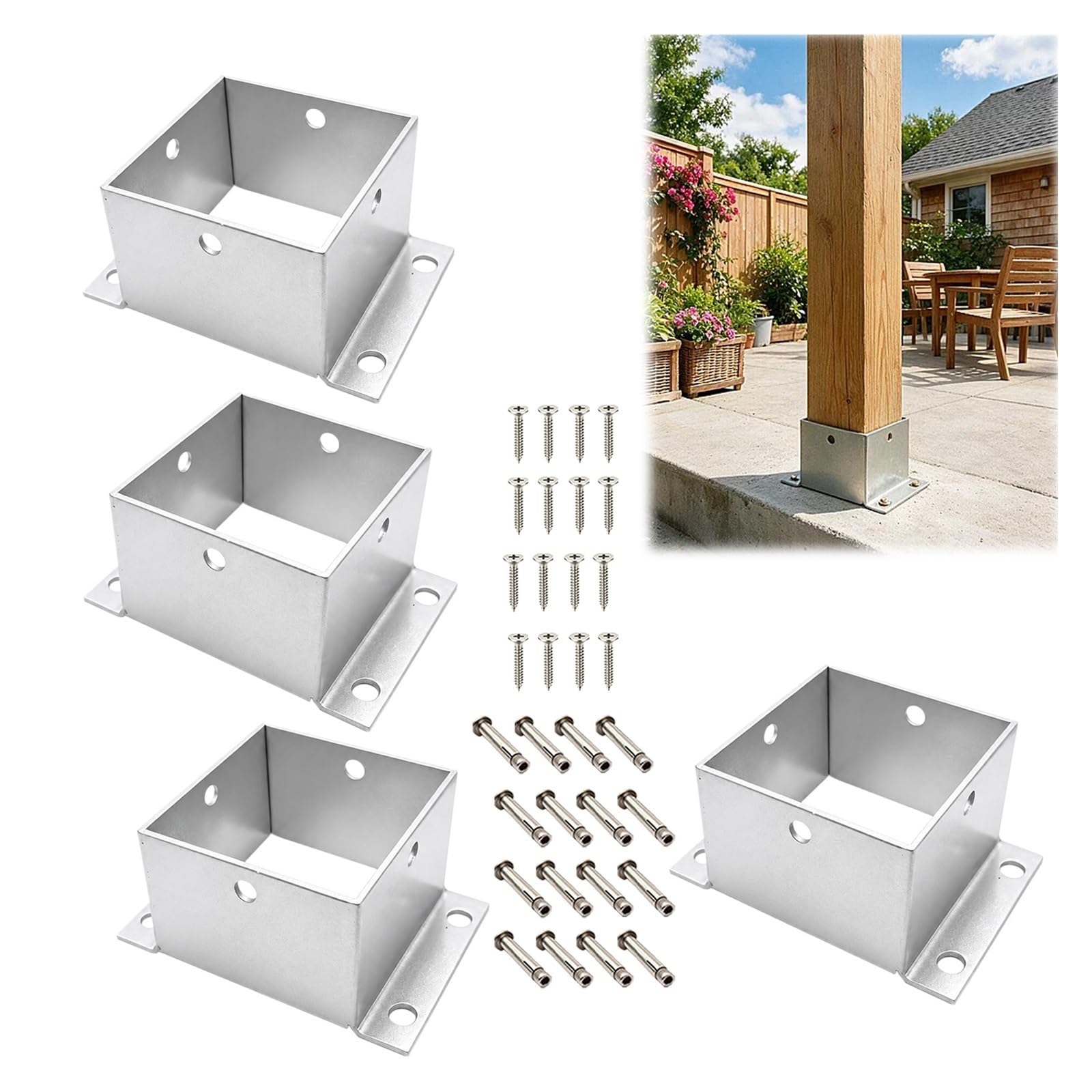 4 Pzs Soporte Poste Acero Galvanizado Fácil Montaje Tornillos | 50 100 200 mm anclaje de poste cuadrado resistente proyectos aire libre pérgola/cubierta/valla(7.9x7.9''/200x200mm)