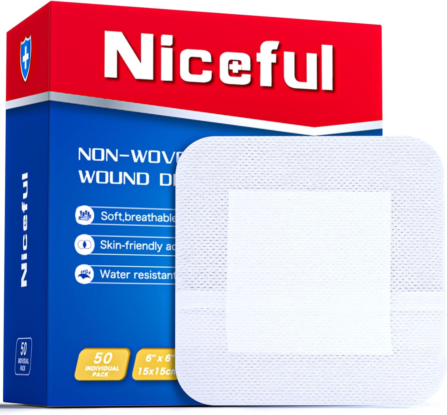 Niceful 50Pcs Adhesive Gauze Island Dressing 6"x6", Water-Resistant Wound Dressing, Sterile & Absorbent Medical Grade Dressing Pad First Aid Dressing Pads