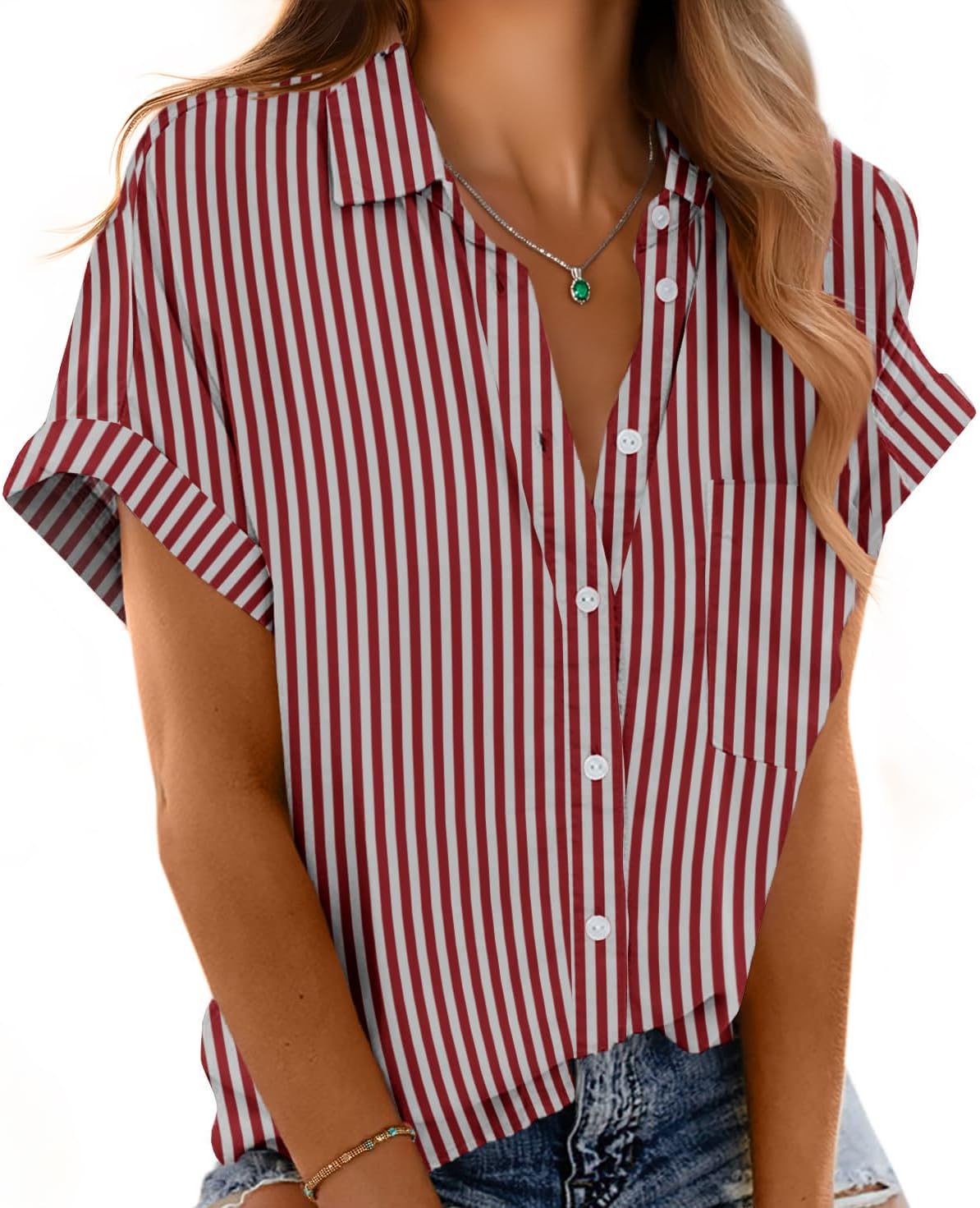 Button Down Short Sleeve Shirts for Women V Neck Loose Roll Up Collared Shirt Casual Summer Tops with Pockets