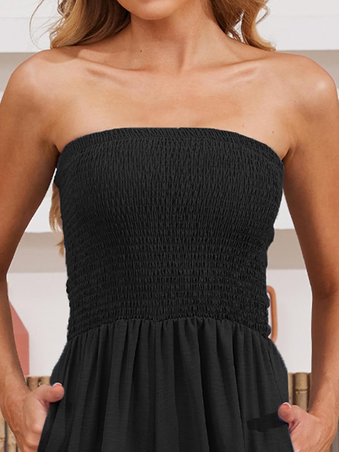 AUXDIO Womens Casual Strapless Summer Jumpsuits Loose Off Shoulder Smocked Sleeveless Wide Leg Romper with Pockets - Image 4