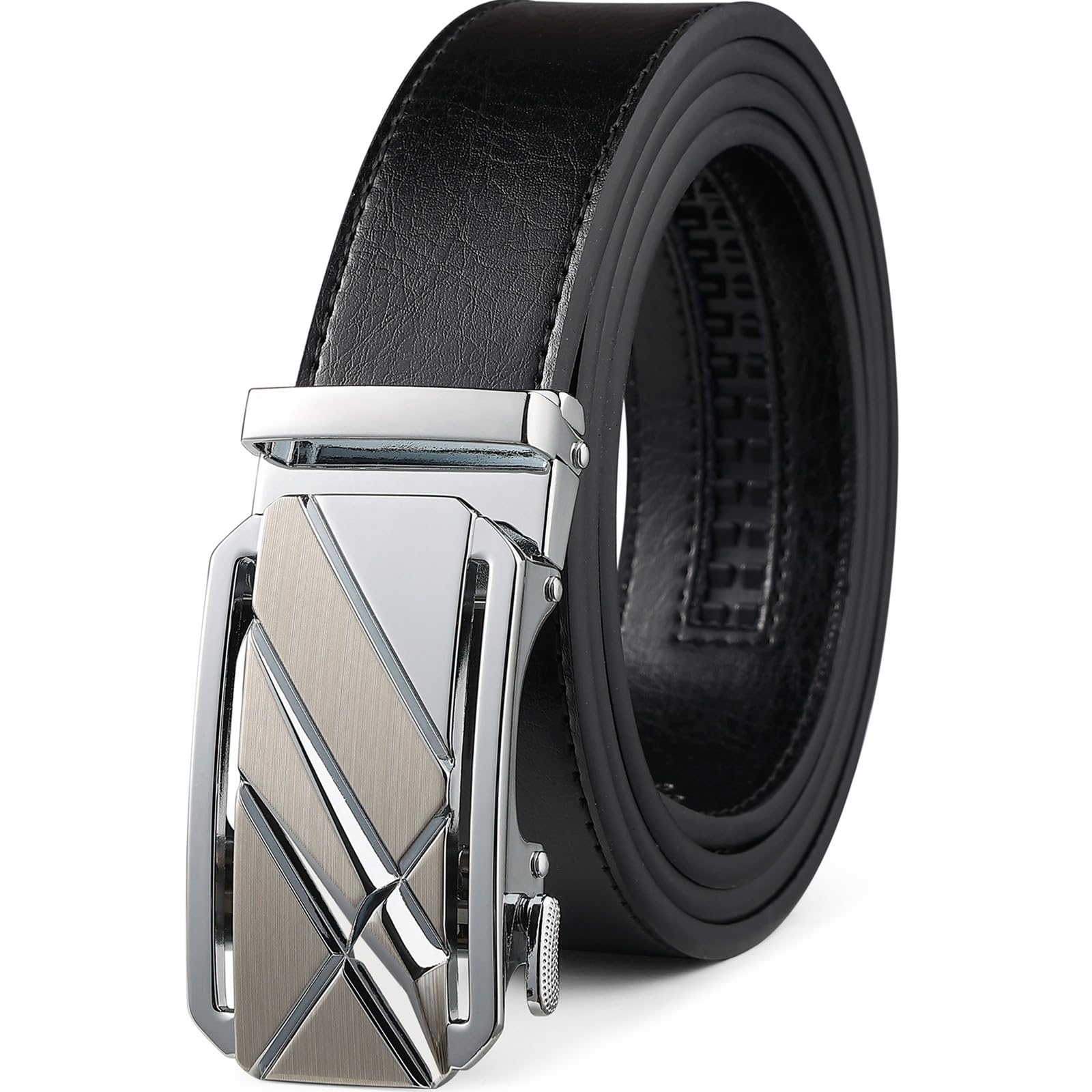 Drowsmen Leather ratchet belt 1 3/8" with Click Sliding Automatic Buckle, Adjustable belt Trim to Fit