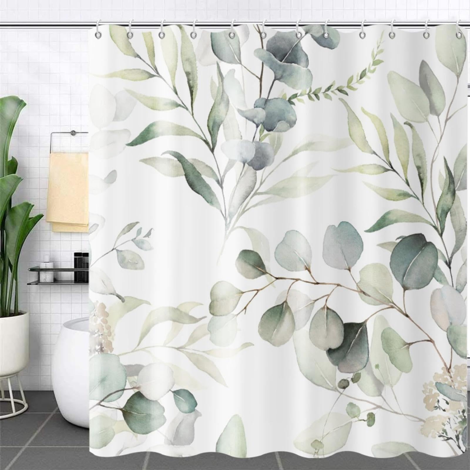 UIYIUI Eucalyptus Leaves Shower Curtains 65x84in（165x214cm） Modern Green Spring Botanical Watercolor Plants Fabric Bathroom Curtain for Shower Stall Bathtub Aesthetics Chic Elegant Home Decor