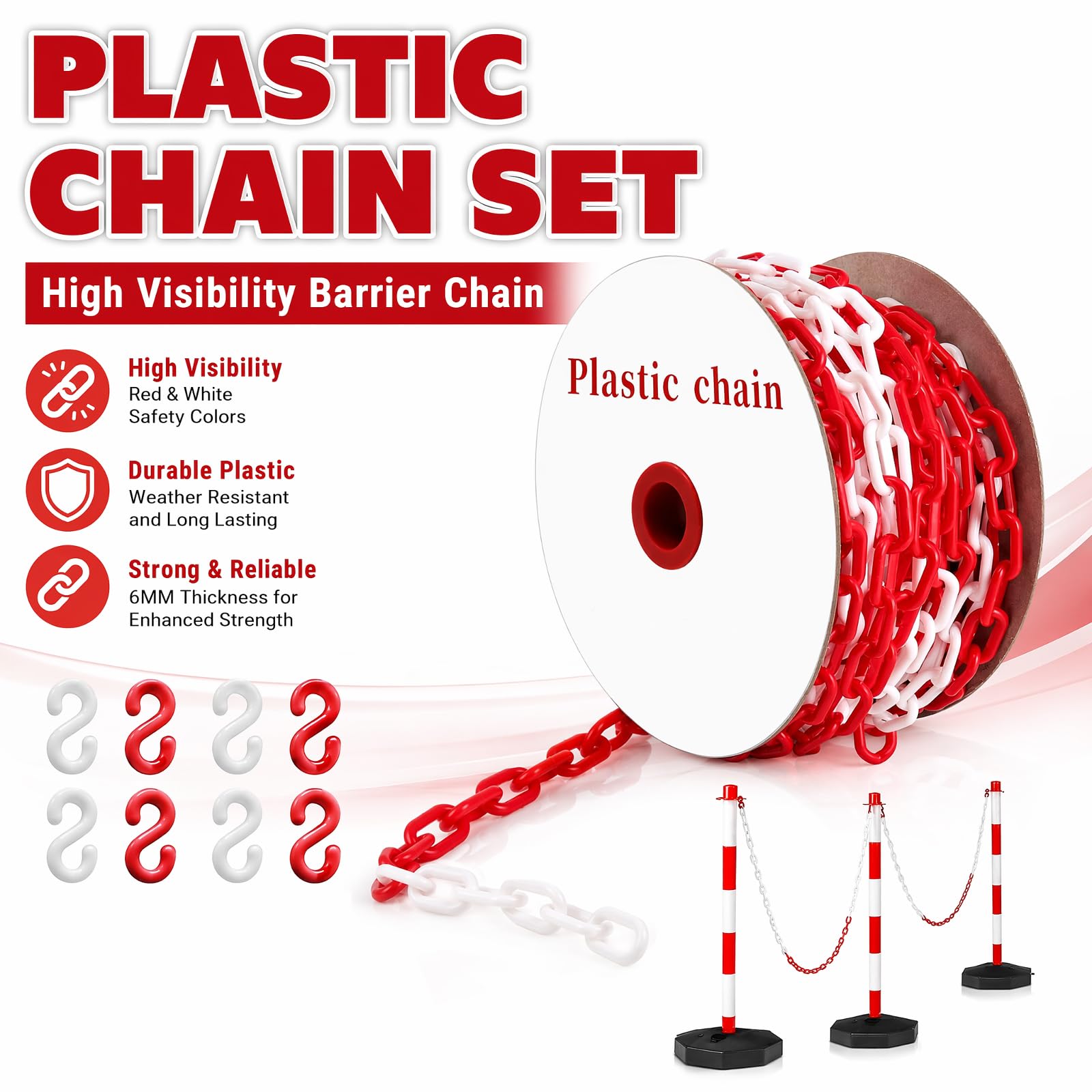 Catena di sicurezza rossa e bianca, in plastica, 6/8 mm, con moschettoni, catena di sicurezza per cantieri, parcheggi, manutenzione di ordini, garage (rosso-bianco, 8 mm-50 m)