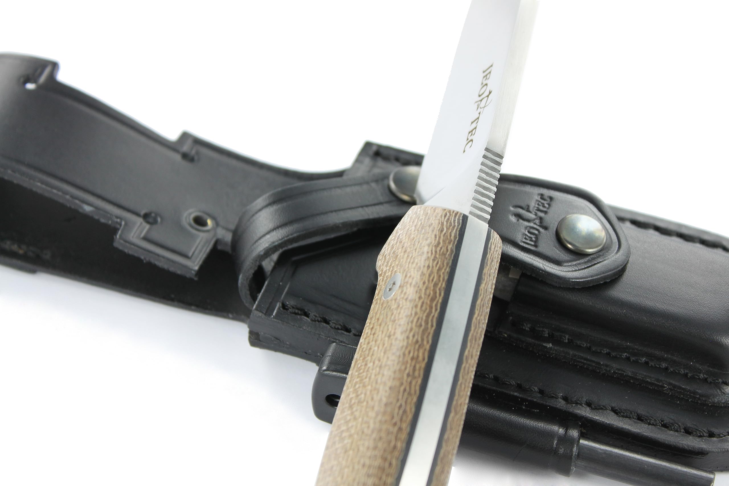 JEO-TEC Nº21 Nóż Bushcraft, nóż do paska na zewnątrz, nóż myśliwski, nóż survivalowy wielofunkcyjny , stałe ostrze, BÖHLER N690C, z naturalna skorzana osłona + krzesiwo + ostrzalka do noży , recznie robiony w Hiszpanii