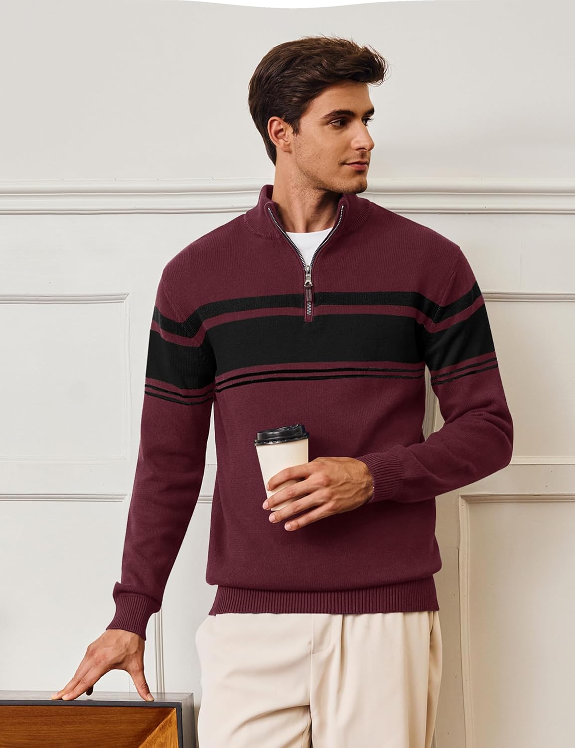 CRYSULLY Mens Sweater 1/4 Zip Cotton Polo Pullover Sweaters Casual Fall Winter Spring Striped Sweatshirts - Image 3