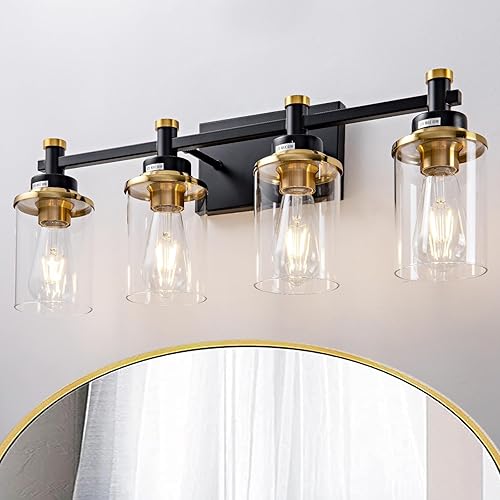 Miniatura 8 de Lámpara de baño de 3 luces, lámpara de tocador negra y dorada cepillada sobre el espejo, moderna lámpara de pared para baño, dormitorio, pasillo con