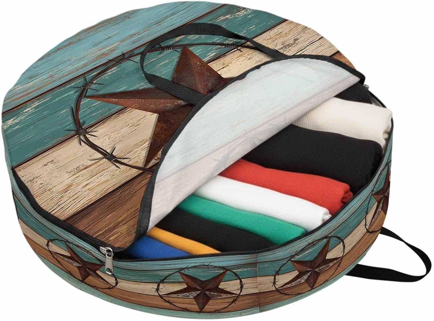 Barn Star Round Storage Bag 36 Inch, Turquoise Wood Grain American Farmhouse Clothes Storage Container with Handles Heavy Duty Organizer for Comforter, Bedding & Holiday Wreaths