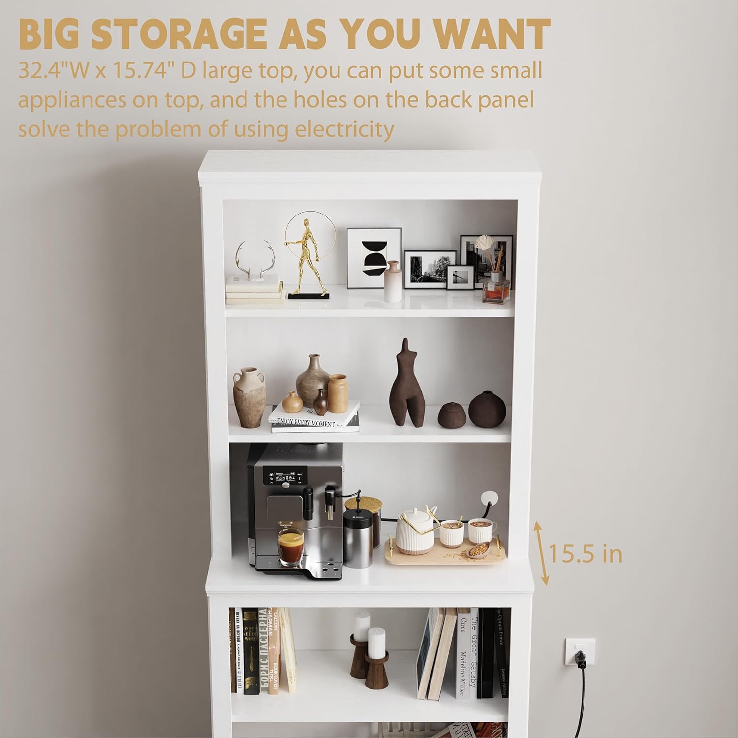 blini Multi-Depth White Bookcase 5 Shelf Solid Wood Bookshelf, 33in Bookcases with Open Shelf Storage，Tall Bookshelves for Library, Living Room, Kids Room, Bedroom, Small Spaces