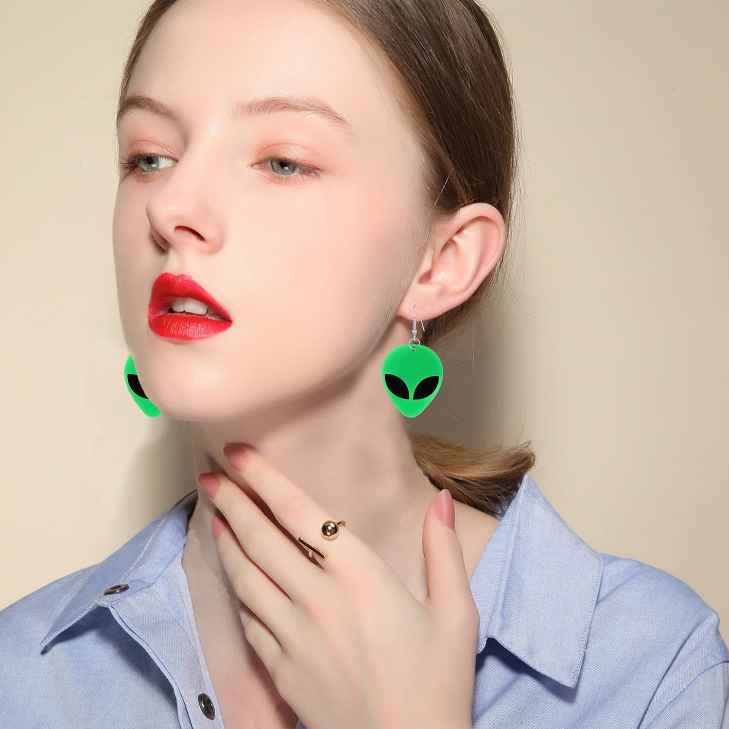 Acrylic Punk Green Alien Face Dangle Earrings Big Eye Space Aliens Statement Drop Stainless Steel Rave Earrings - Image 2