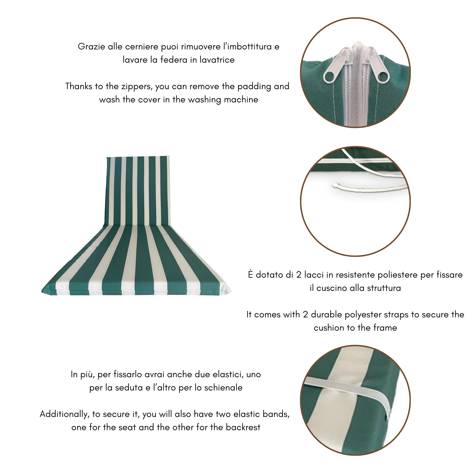Cojín impermeable para tumbona, 190 x 60 cm, poliéster impermeable – Cojín desenfundable, fabricado en Italia (blanco y verde)