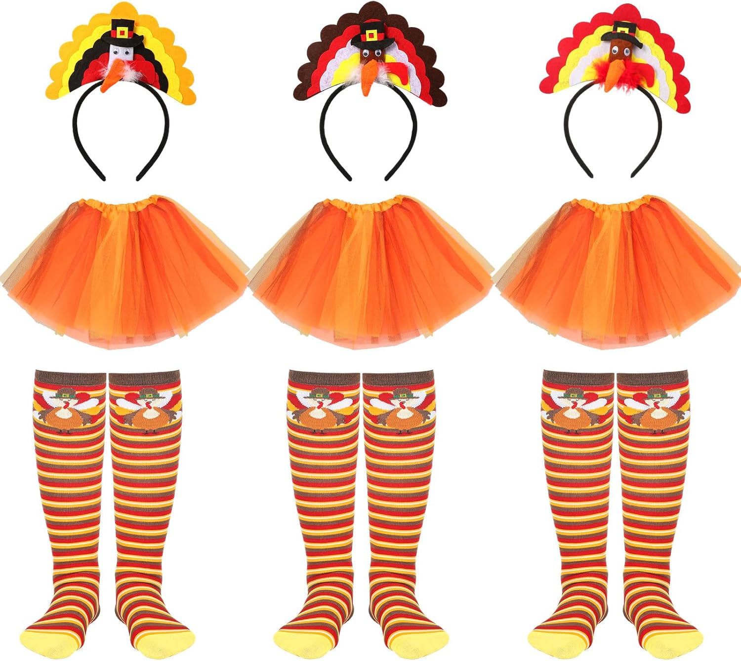 Suhine 9 Pcs Thanksgiving Turkey Costume for Women Turkey Trot Tutus Headband Running Mid Calf Sock for Woman Thanksgiving