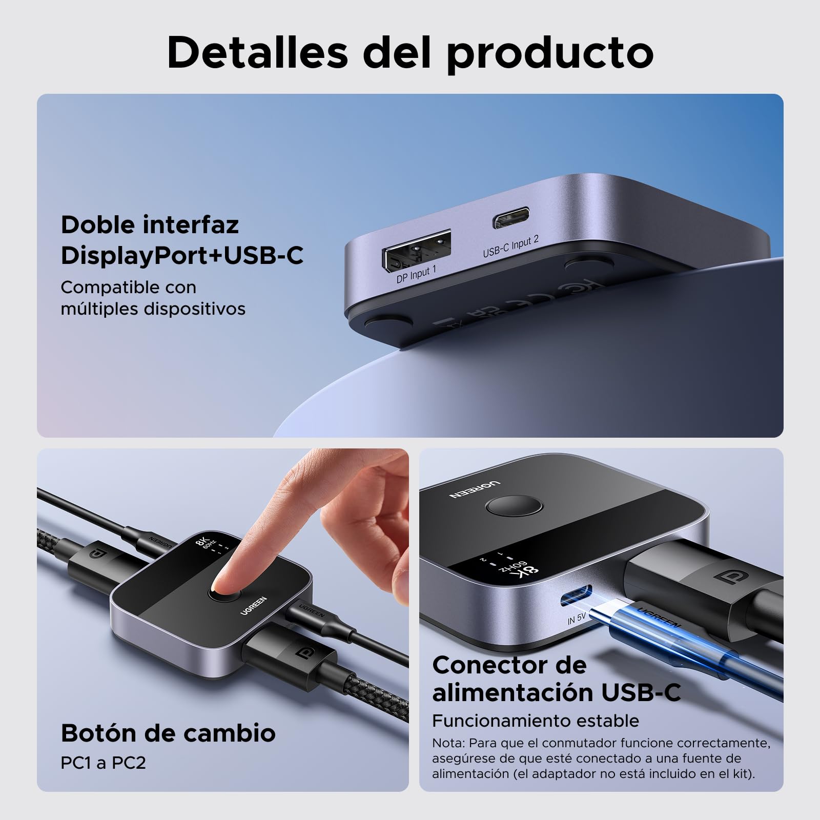 UGREEN Switch DisplayPort USB C 8K60Hz 2 Entradas 1 Salida DP 1.4 Conmutador USB C DisplayPort Soporta 3D HDR10+ HDCP2.3 Alta Resolución Compatible con PC PS5 4 Xbox One X Series, Steam Deck