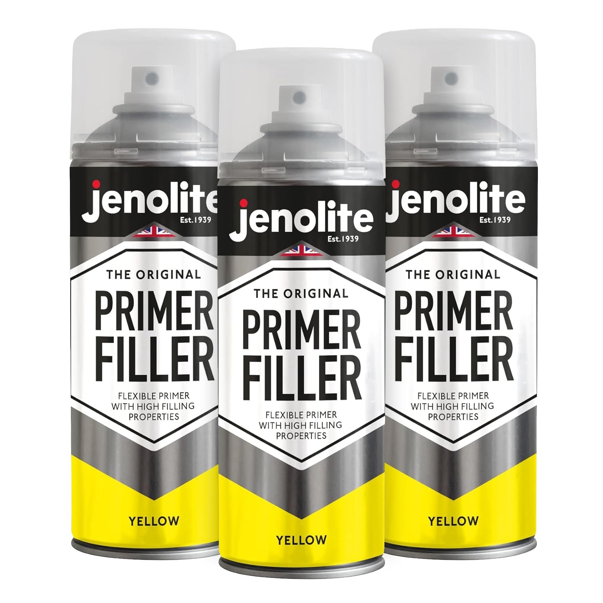 JENOLITE Primer Filler Spray Paint | YELLOW | High Fill Multi-Surface Primer Paint | Fills Small Dents & Scratches | Perfect For Car Bodywork, 3D Printer Models & More | 3 x 400ml