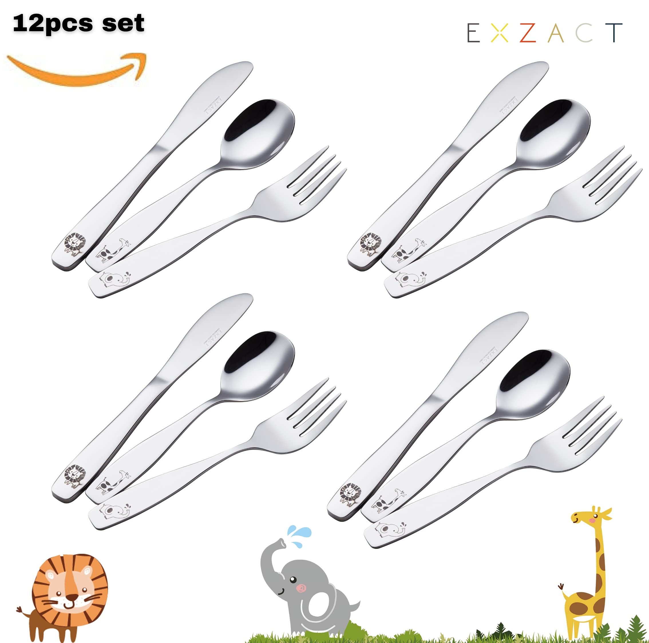 Exzact dzieci sztućce 12 szt 18/10 stal nierdzewna dzieci sztućce safari