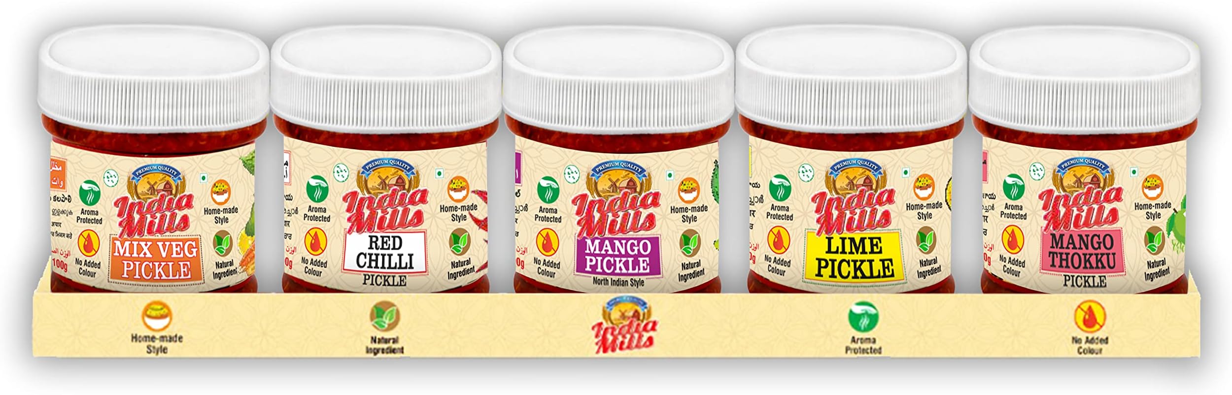 INDIA MILLS Indian Pickle Assorted 100G Pack Of 5 North Red Chilli, Mango Thokku, Indian, Lime, Mixed Veg