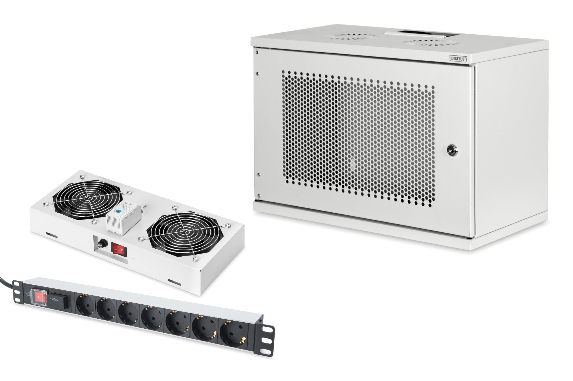 DIGITUS Set: Armoire réseau 19" 7U + Ventilateur de Toit + Bloc multiprise 7 Ports // Rack 19 Pouces - Non monté - Montage Mural - Charge 60 kg - Profondeur utile 170-270 mm - Porte Acier